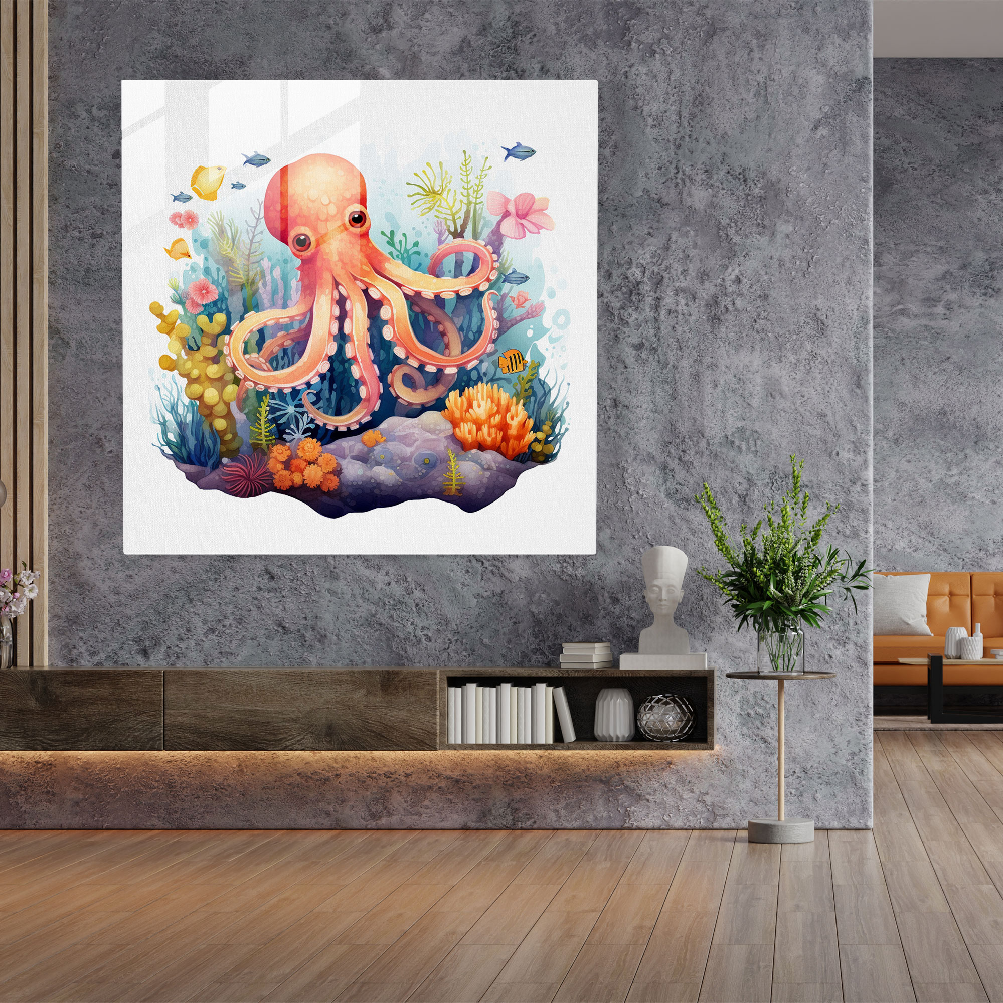 Ahtapot Cam Tablo - Suluboya Ahtapot Duvar Sanatı - Ahtapot Modern Sanat Cam Sanat