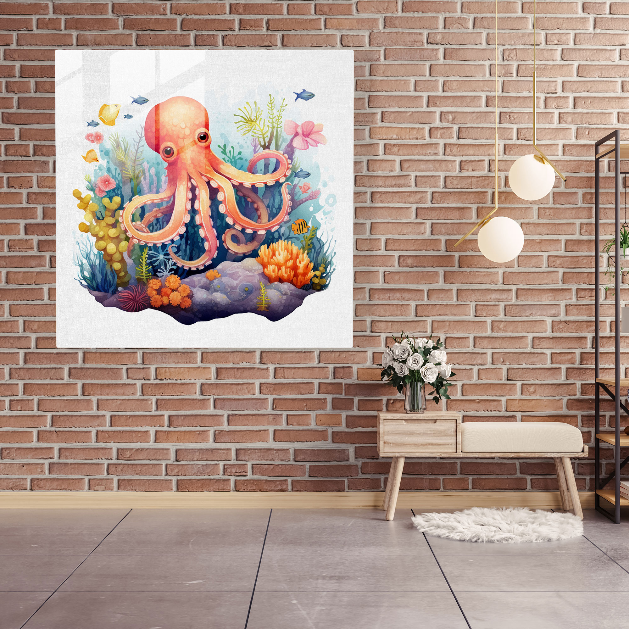 Ahtapot Cam Tablo - Suluboya Ahtapot Duvar Sanatı - Ahtapot Modern Sanat Cam Sanat