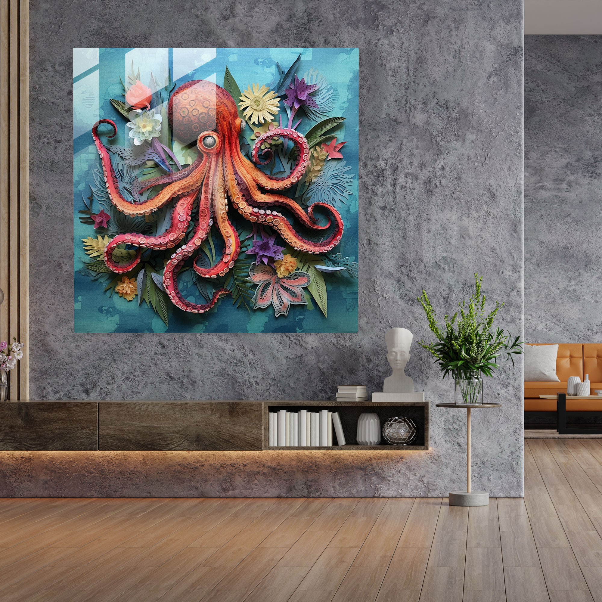 Ahtapot Cam Tablo - Karışık Medya Ahtapot Duvar Sanatı - Modern Sanat Ahtapot