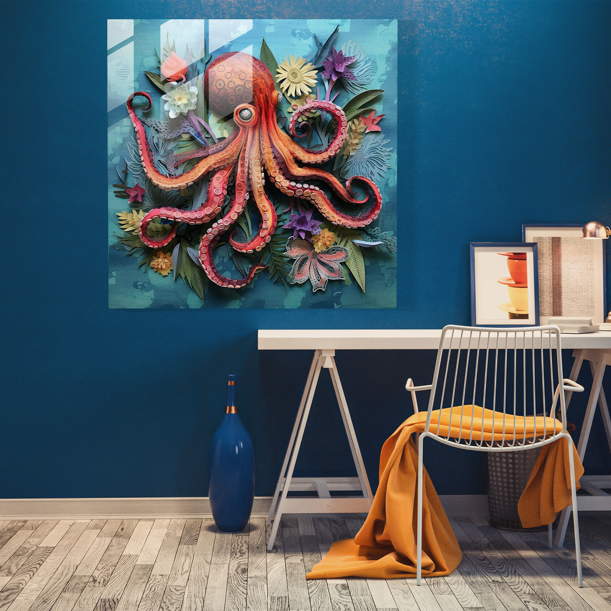 Ahtapot Cam Tablo - Karışık Medya Ahtapot Duvar Sanatı - Modern Sanat Ahtapot