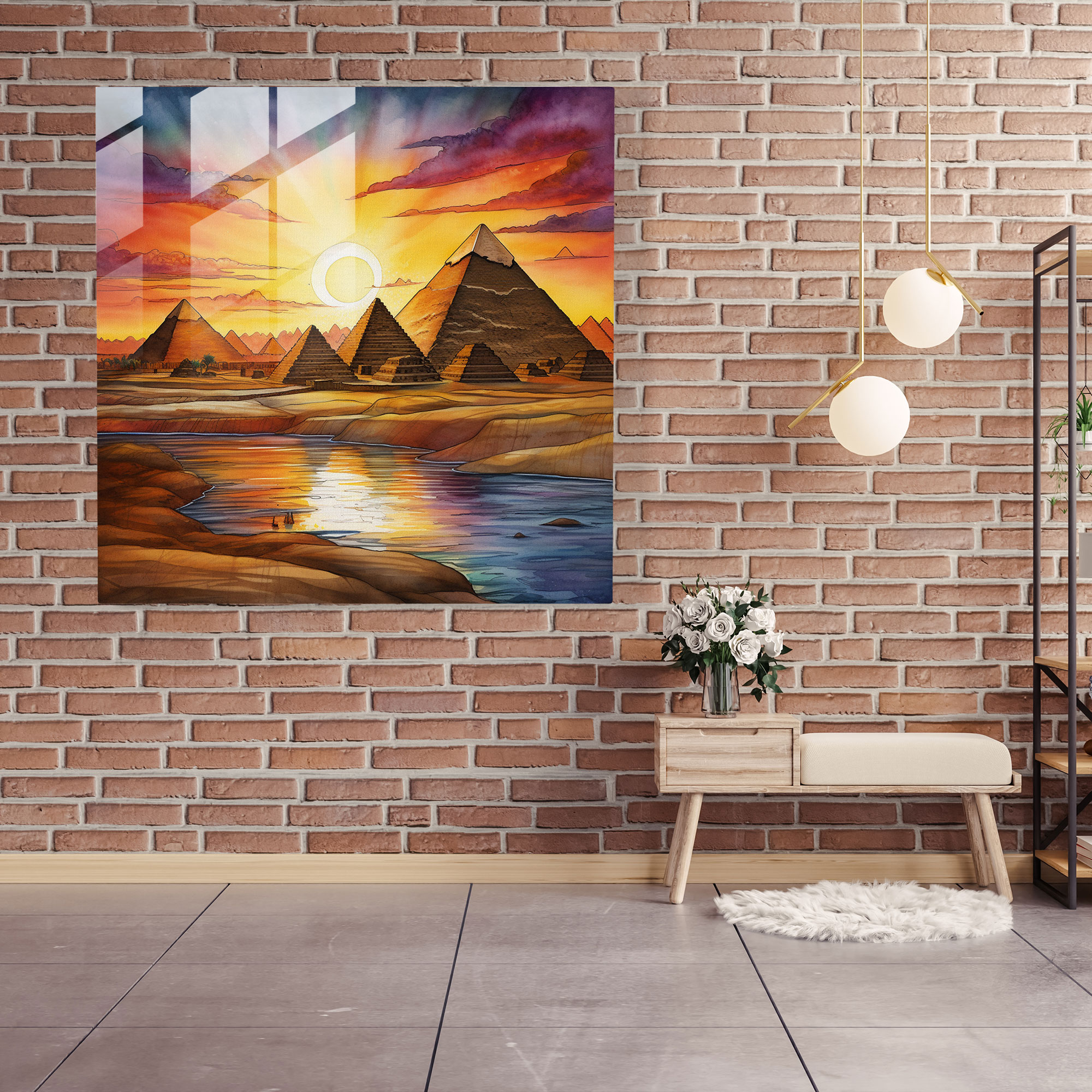 Papyrus Glass Print: Egyptian Sunset - Papyrus, Wall Decoration, Glass Print, Egypt