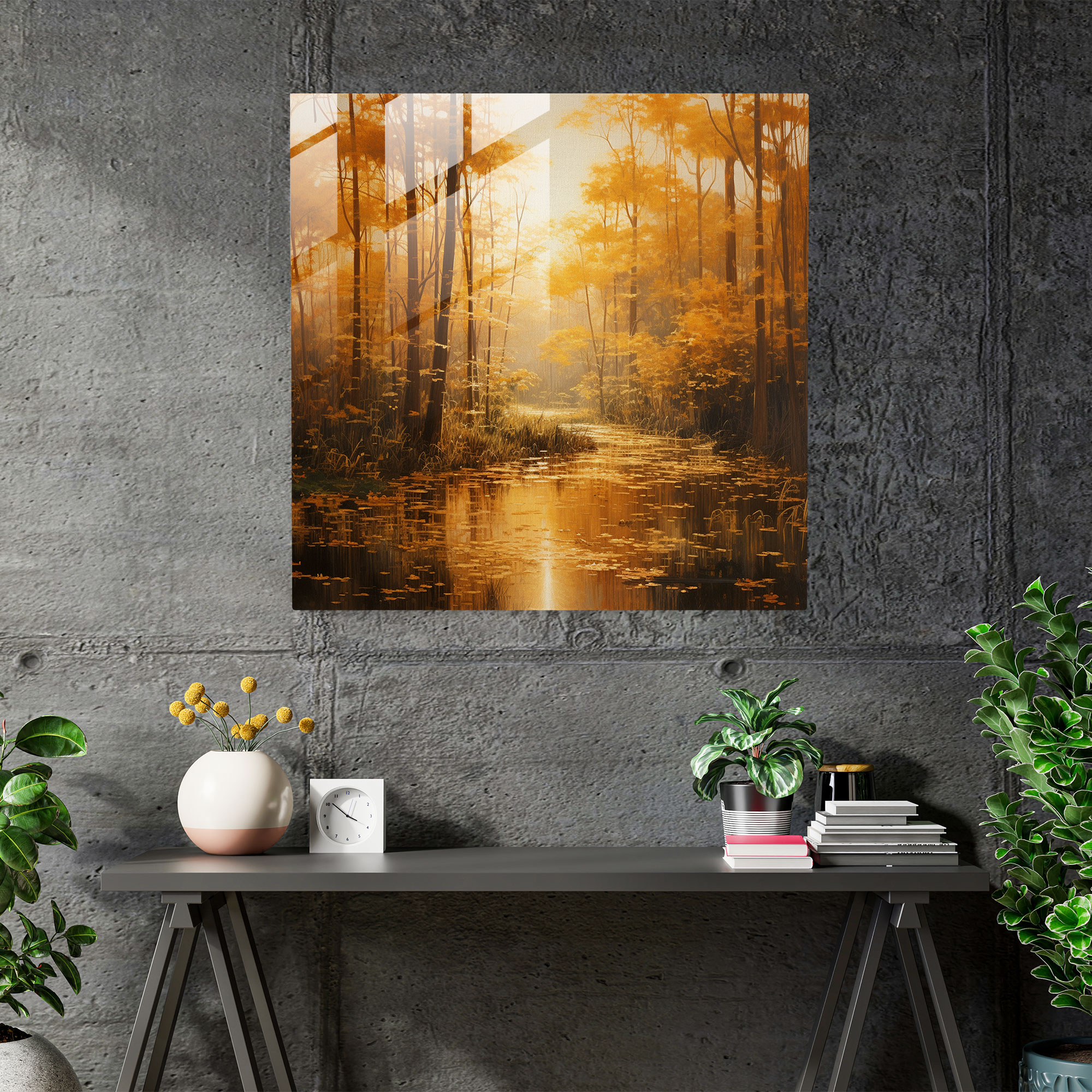 Golden Papyrus Glass Print - Papyrus, Modern Art, Home Decoration, Realistic Oil Painting
