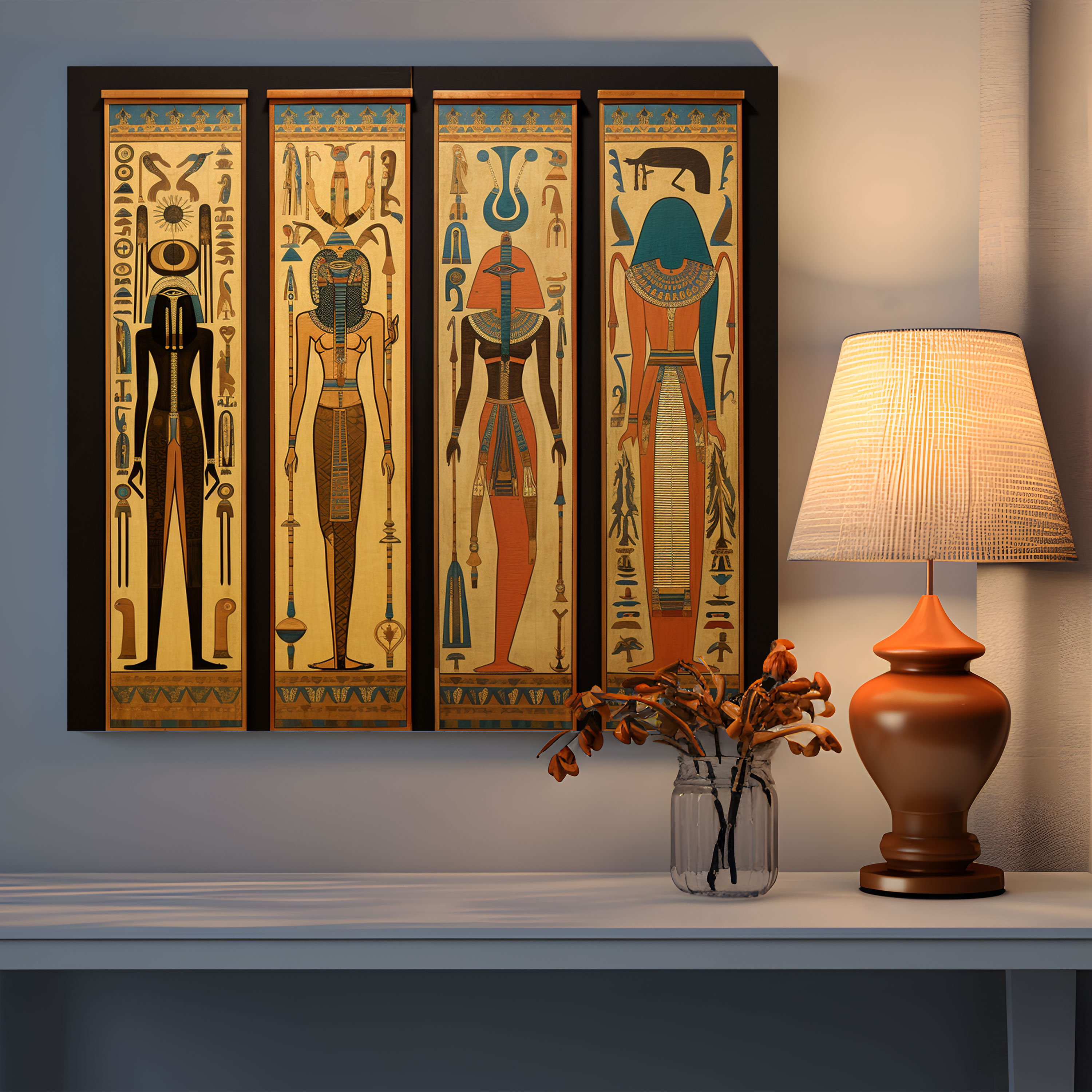 Papyrus Canvas Prints Set - Vibrant Egyptian Deities Wall Art Collection - Papyrus, Wall Art, Home Decoration, Papyrus Canvas Prints Set