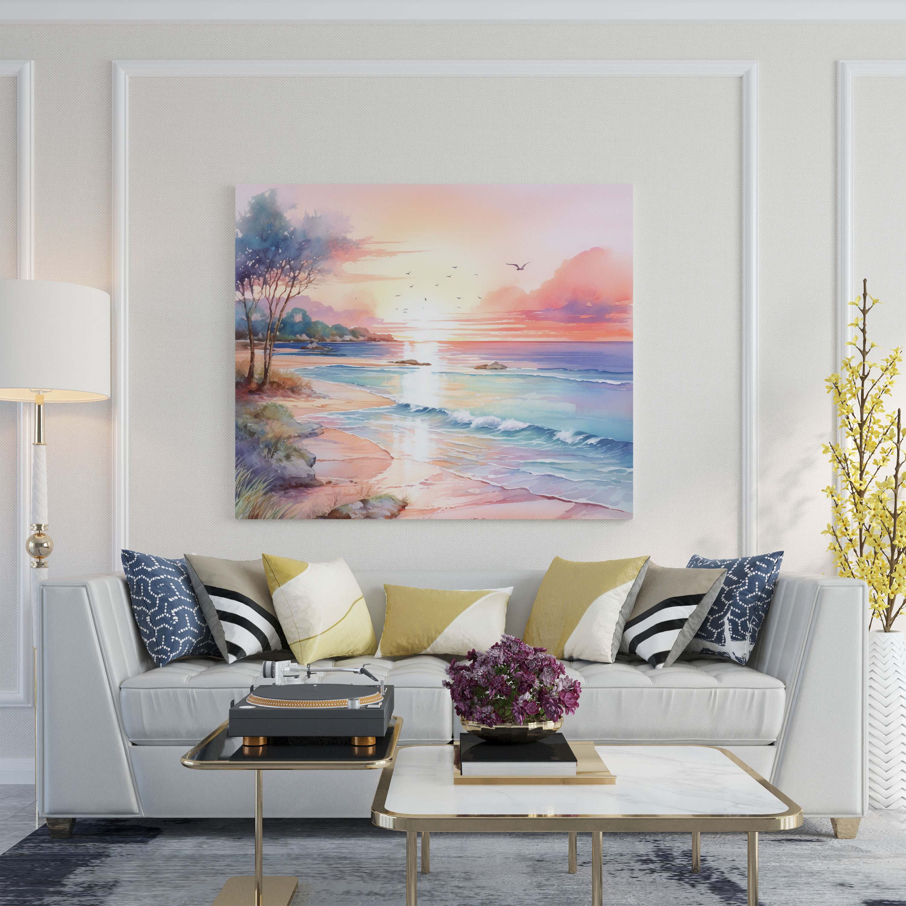 Pastel Beach Canvas Print - Pastel, Watercolor Painting, Beach, Wall Art