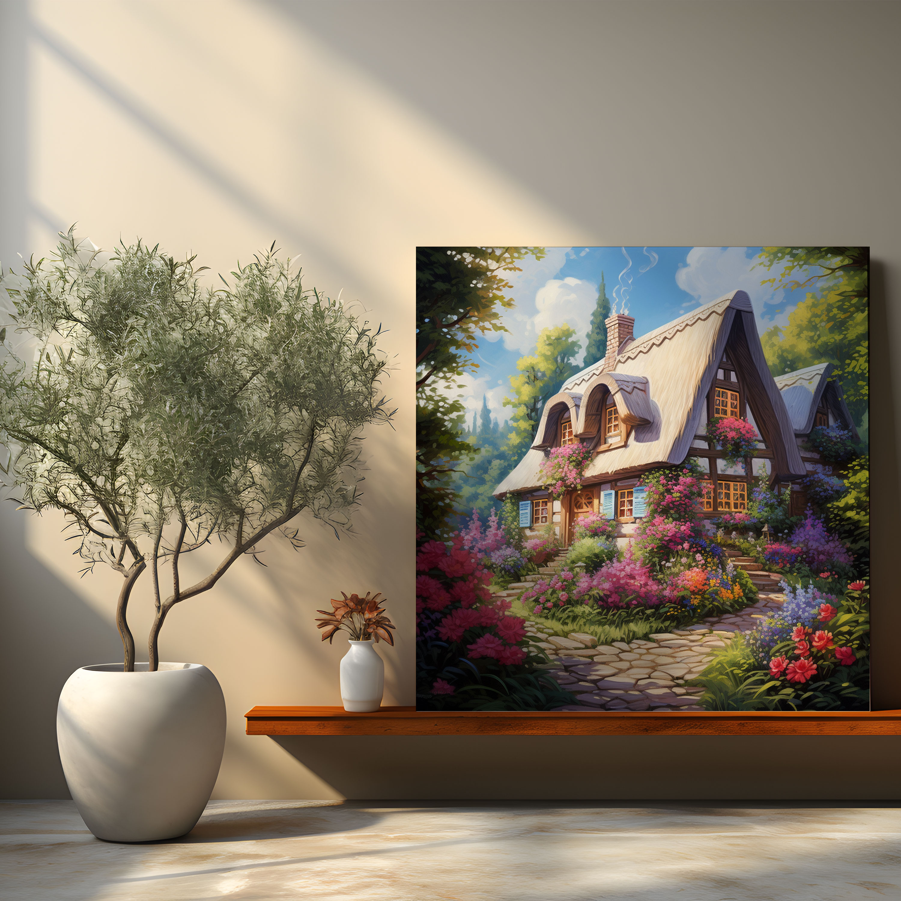 Pastel Cottage Canvas Print - Pastel, Lush Greenery, Pastel, Cozy Cottage