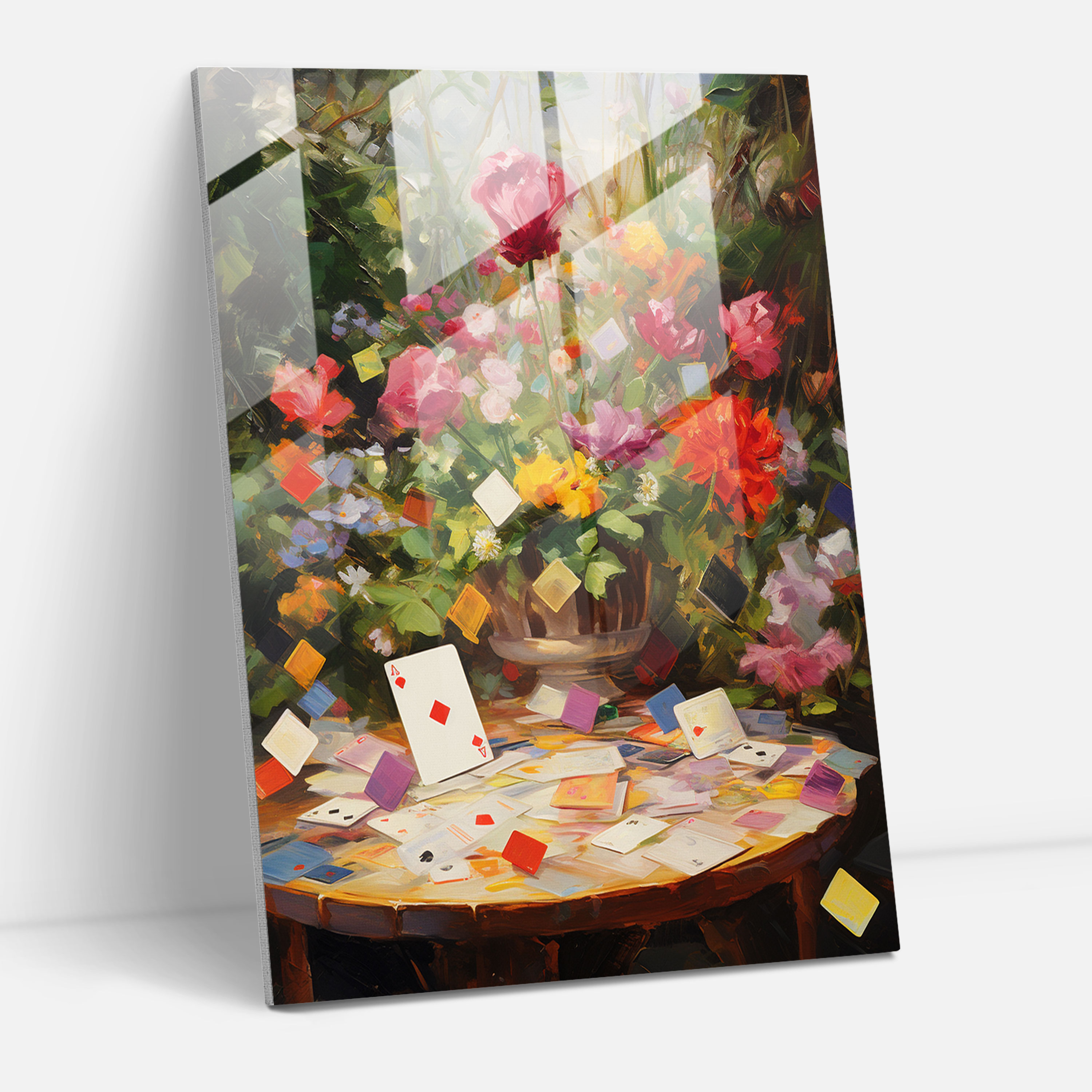Playing Cards Glass Wall Art - Playing Cards, Playing Cards, Impressionist Oil Painting, Blooming Flowers