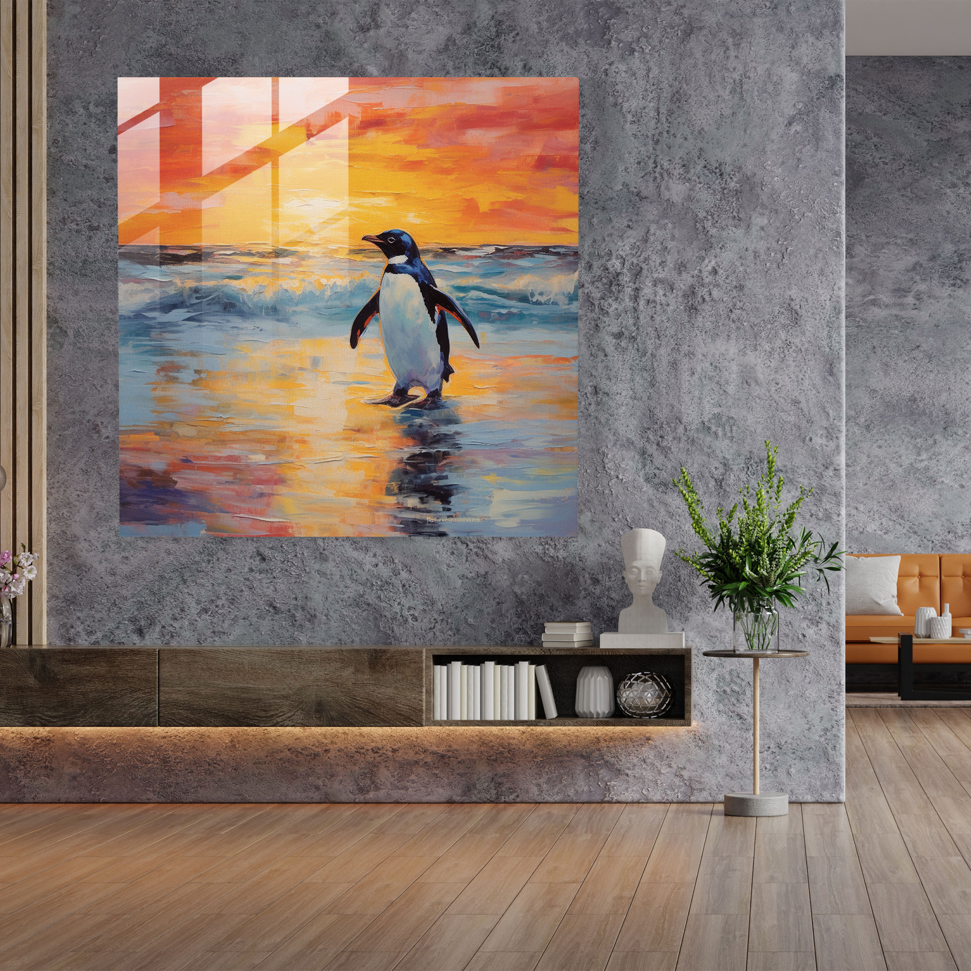 Glass Wall Art - Sunset Penguin - Penguin, Penguin, Glass Wall Art, Glass Print