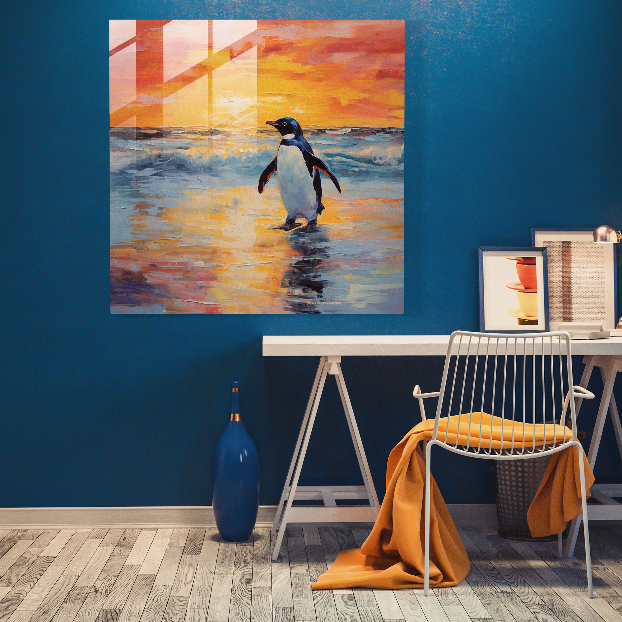 Glass Wall Art - Sunset Penguin - Penguin, Penguin, Glass Wall Art, Glass Print