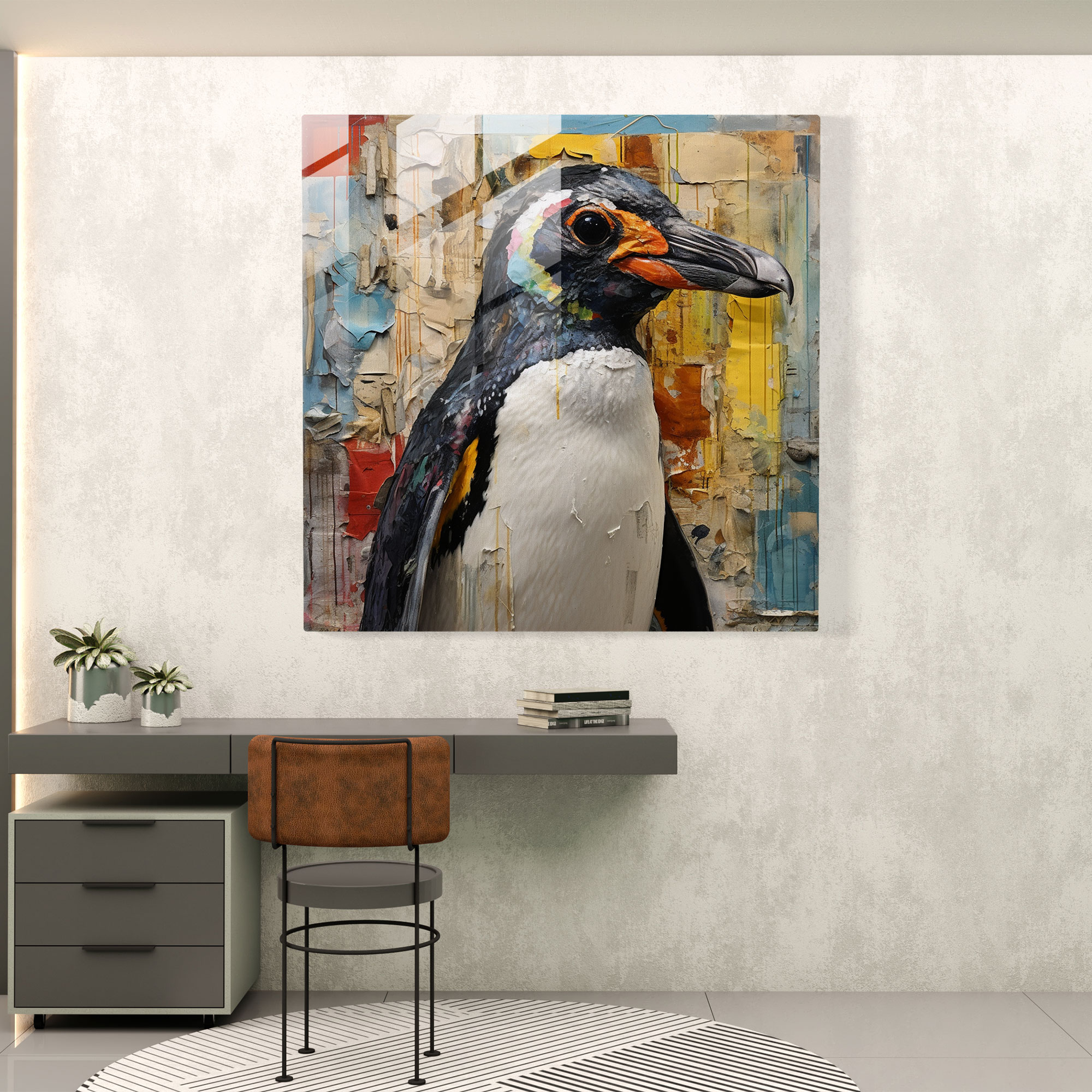 Cam Tablo Sanatı - Eclectic Penguin - Penguen Cam Tablo Çeşitli Malzemeler