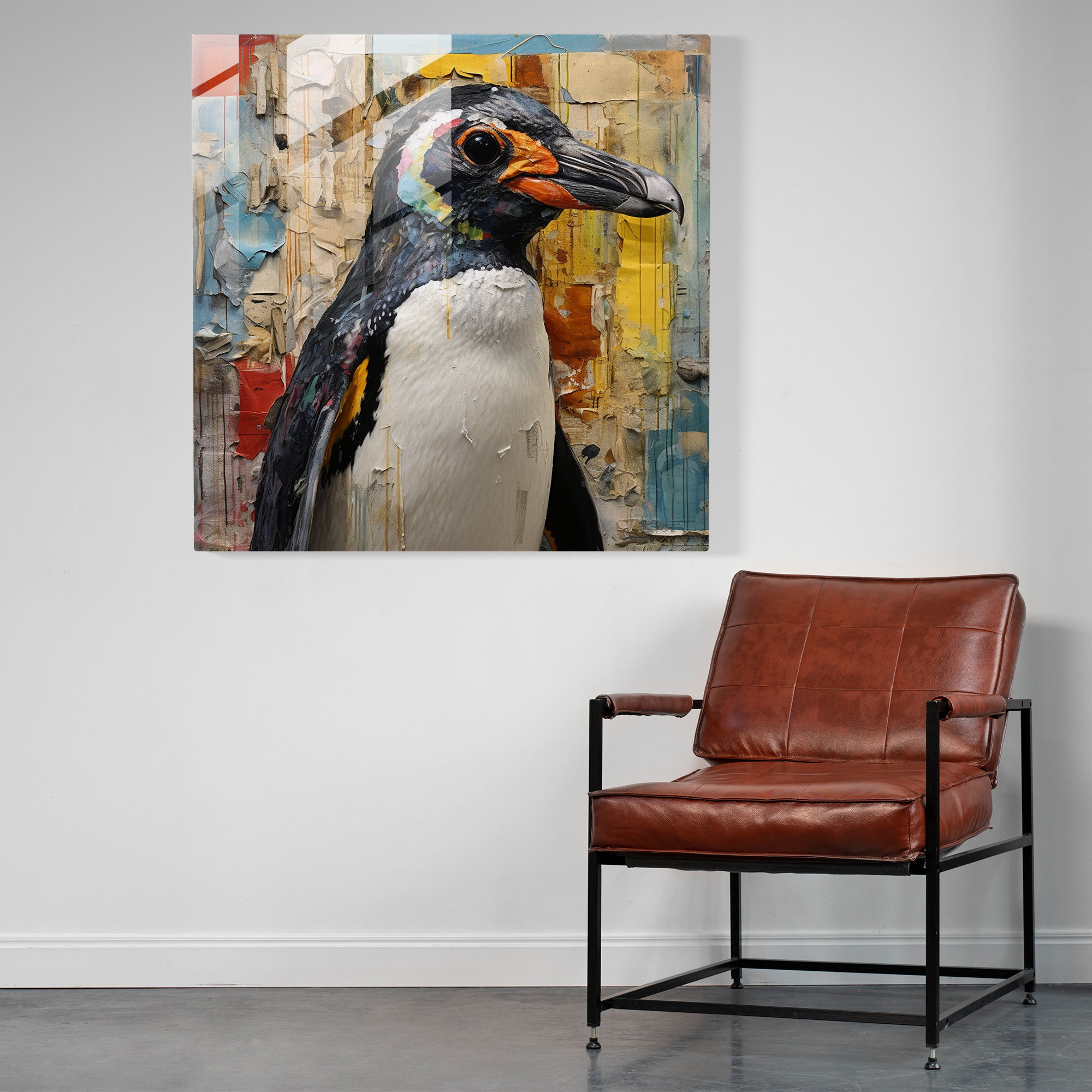 Cam Tablo Sanatı - Eclectic Penguin - Penguen Cam Tablo Çeşitli Malzemeler