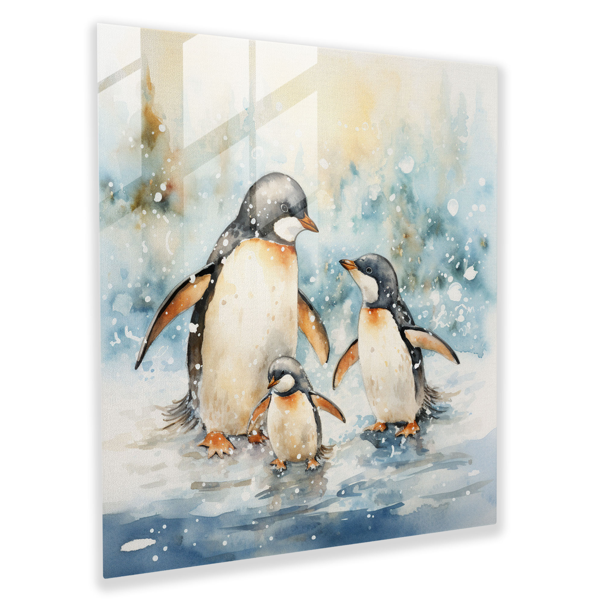 Penguin Glass Print - Whimsical Watercolor Illustration, Home Decoration - Penguin, Modern Art, Penguin Family, Snow
