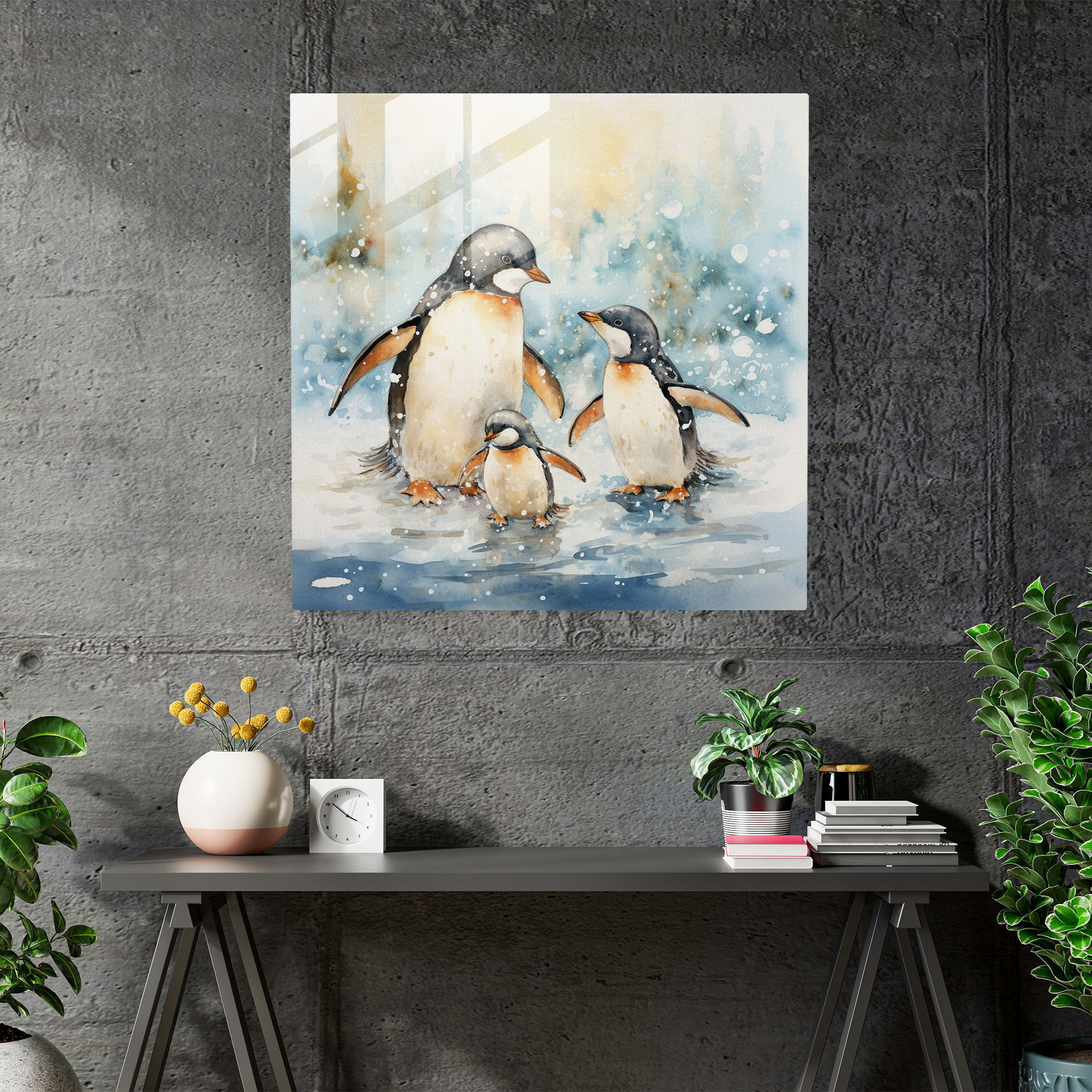 Penguin Glass Print - Whimsical Watercolor Illustration, Home Decoration - Penguin, Modern Art, Penguin Family, Snow