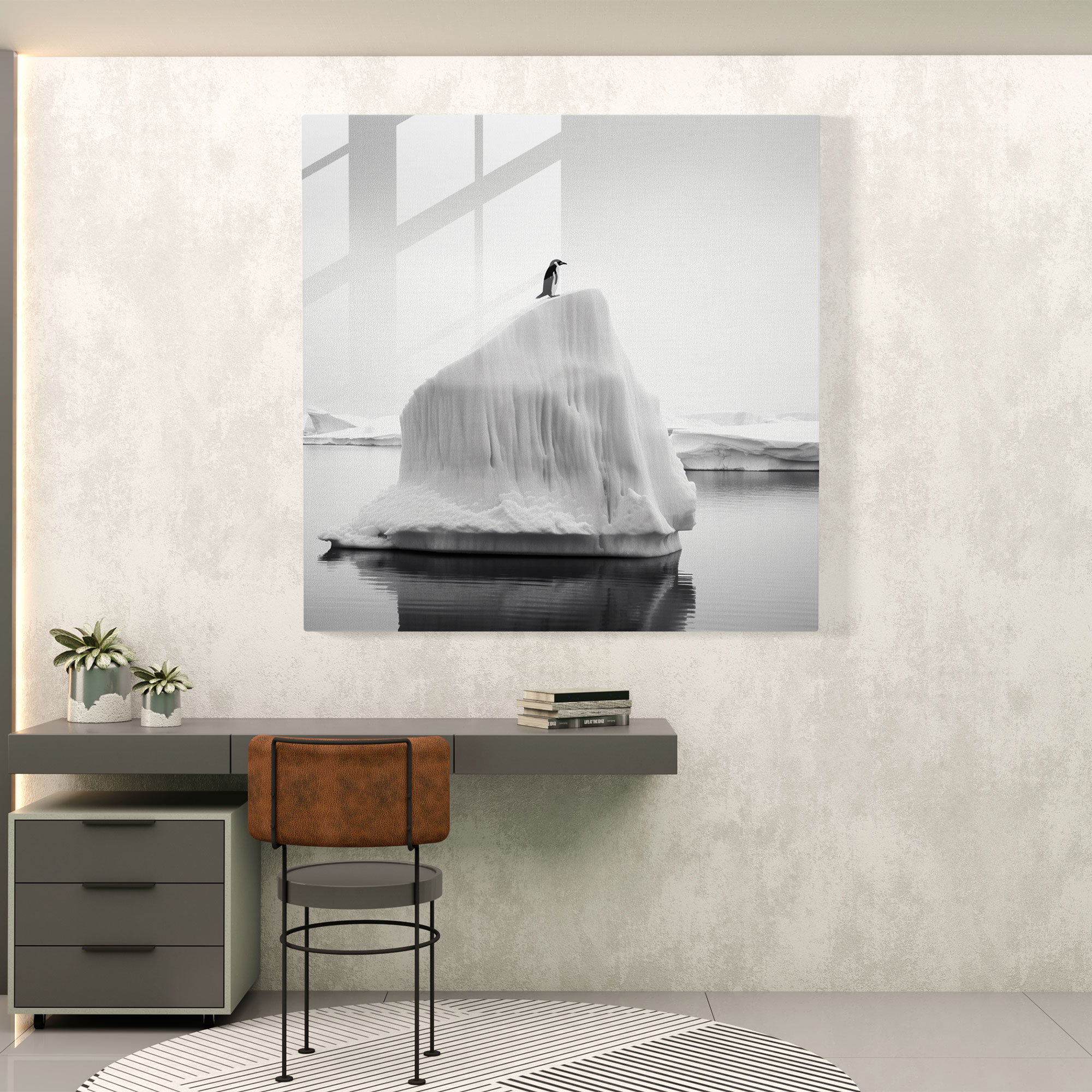 Penguen Cam Tablo - Minimalist Siyah Beyaz Fotoğrafçılık Duvar Dekorasyonu - Penguen Ev Dekorasyonu Yalnız Penguen