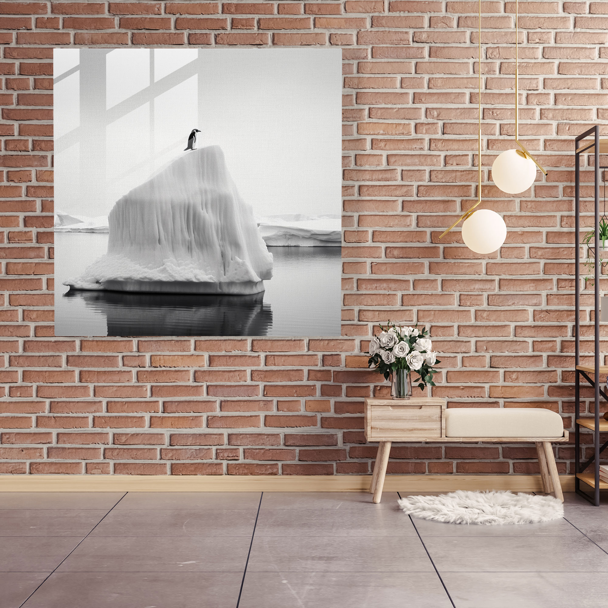 Penguen Cam Tablo - Minimalist Siyah Beyaz Fotoğrafçılık Duvar Dekorasyonu - Penguen Ev Dekorasyonu Yalnız Penguen