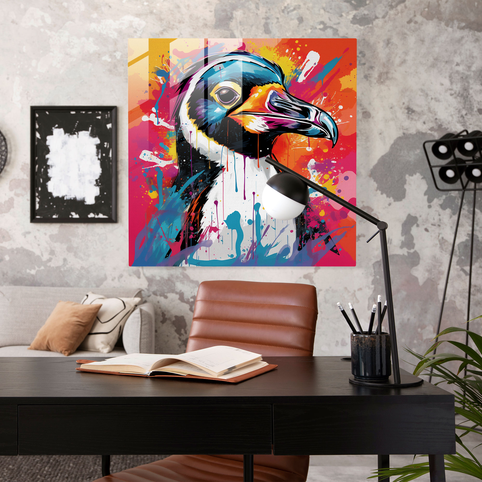 Penguin Glass Print - Pop Art Illustration, Wall Decoration - Penguin, Comic Book Elements, Penguin, Vibrant Colors