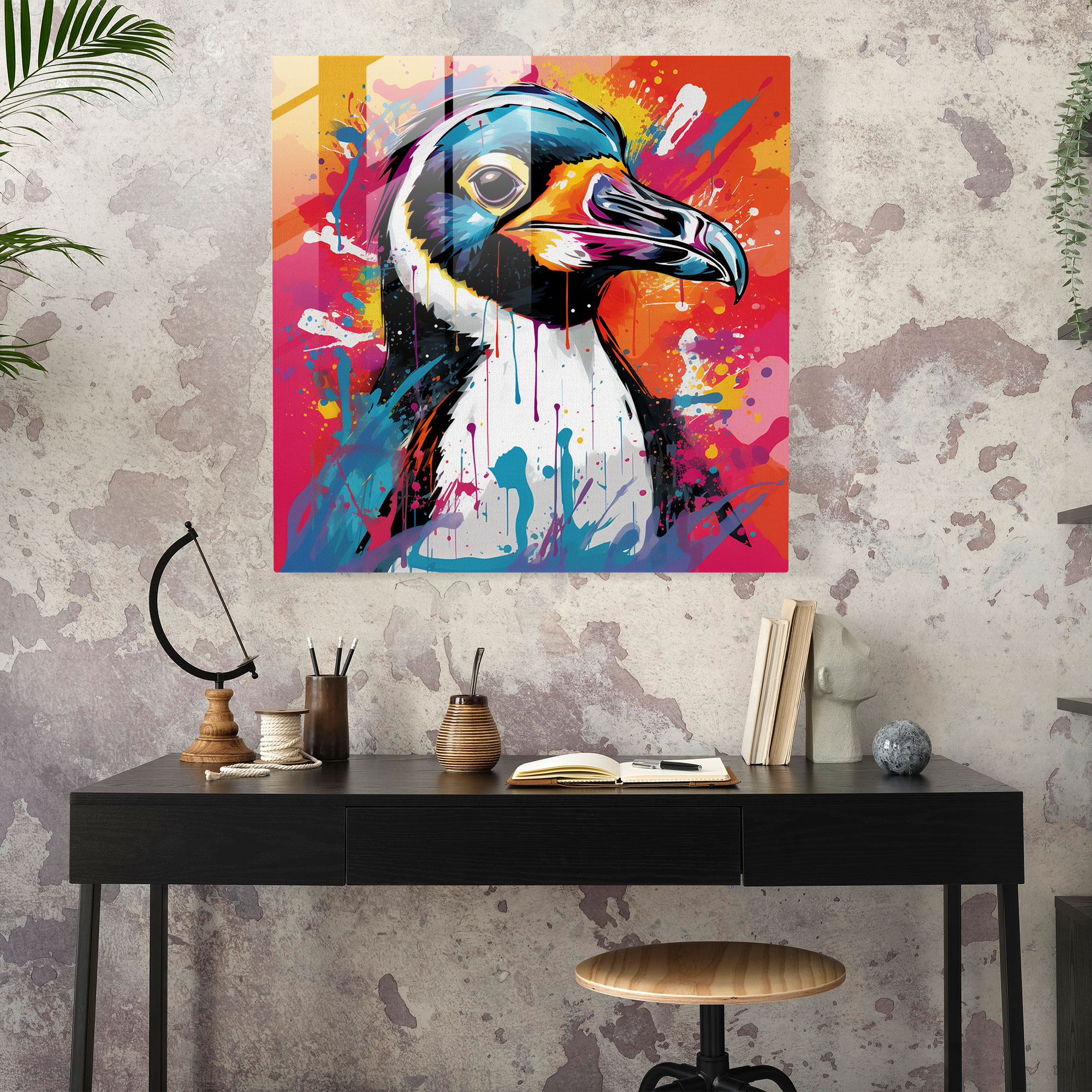 Penguin Glass Print - Pop Art Illustration, Wall Decoration - Penguin, Comic Book Elements, Penguin, Vibrant Colors