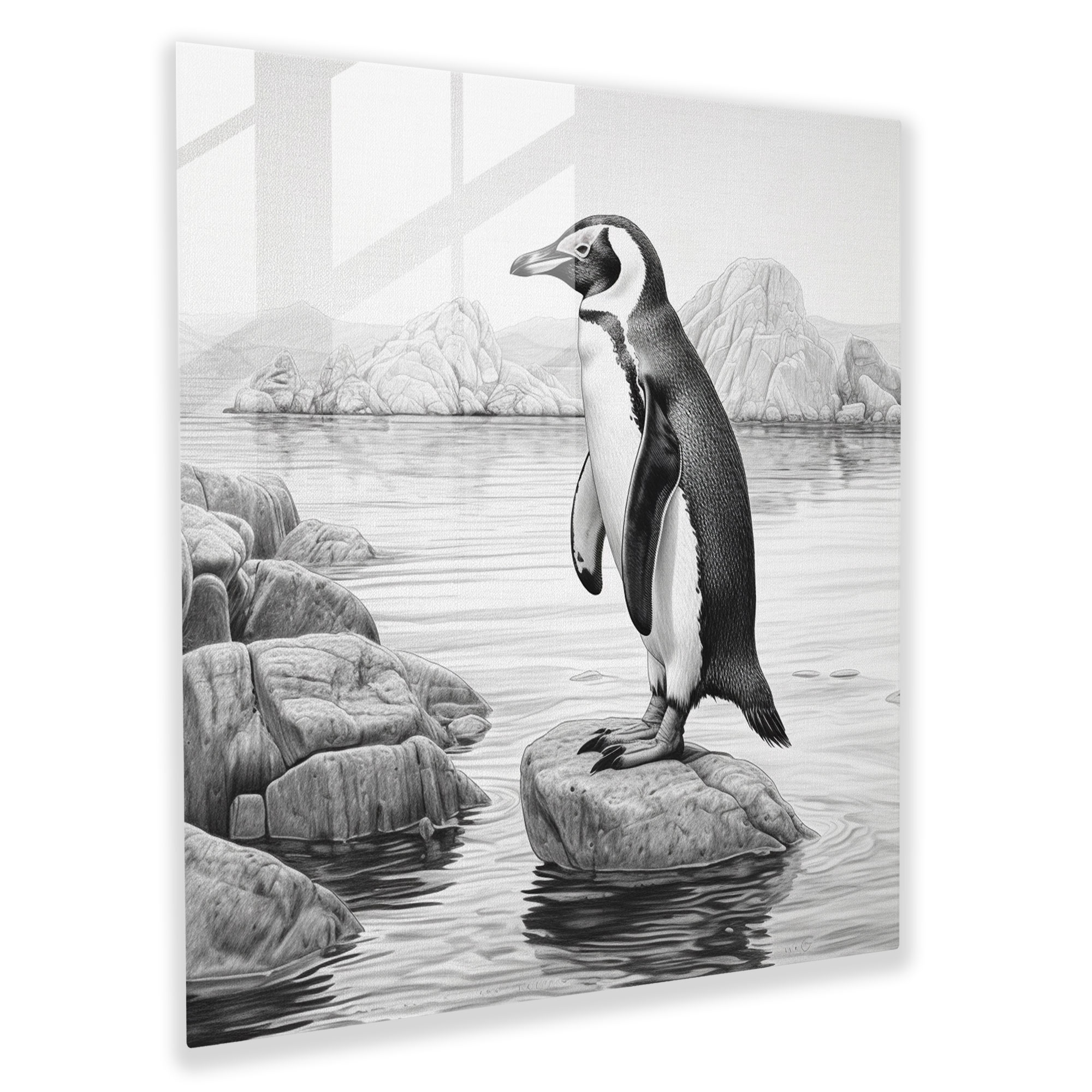 Penguin Glass Print - Realistic Pencil Drawing, Home Decoration - Penguin, Penguin, Gracefully Waddling, Glass Print