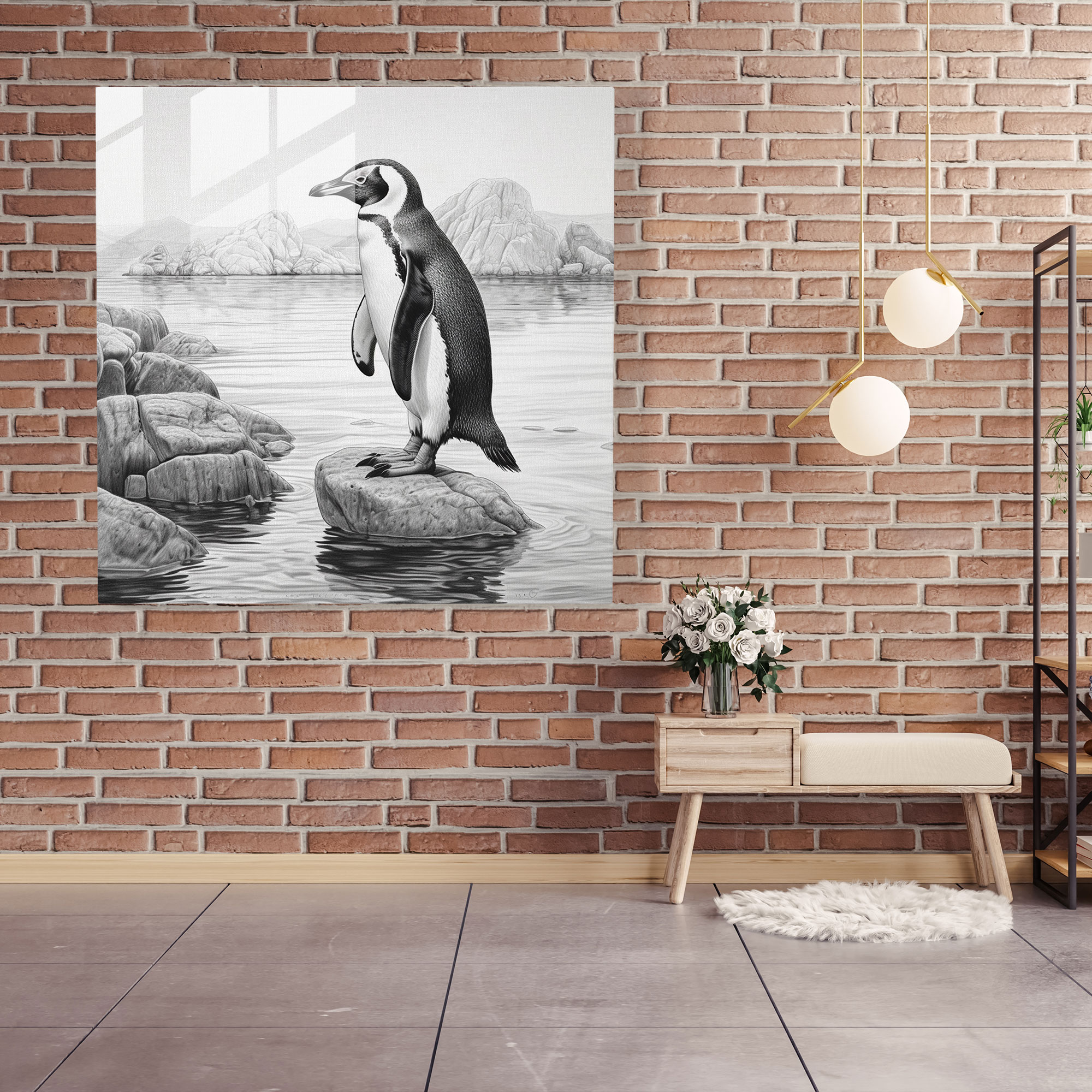 Penguin Glass Print - Realistic Pencil Drawing, Home Decoration - Penguin, Penguin, Gracefully Waddling, Glass Print