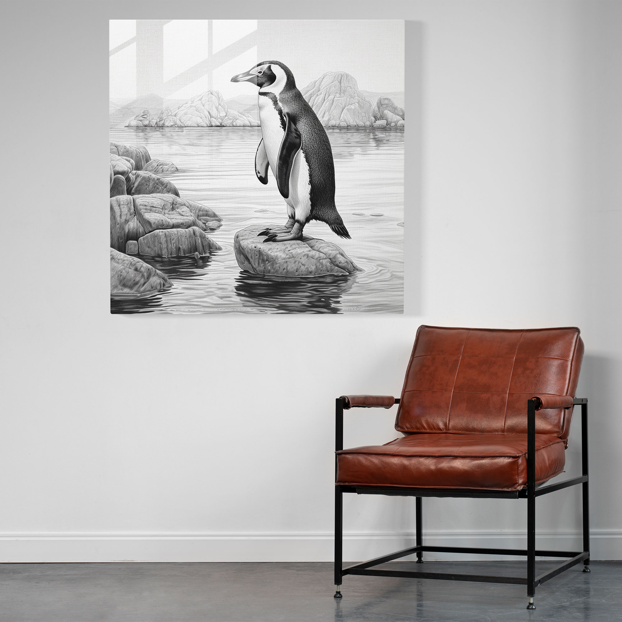 Penguin Glass Print - Realistic Pencil Drawing, Home Decoration - Penguin, Penguin, Gracefully Waddling, Glass Print