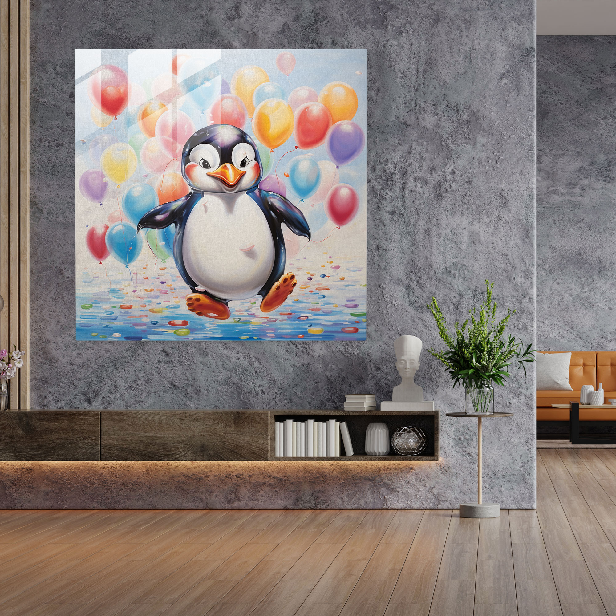 Whimsical Glass Print - Playful Penguin - Penguin, Glass Art, Home Decoration, Glass Wall Art