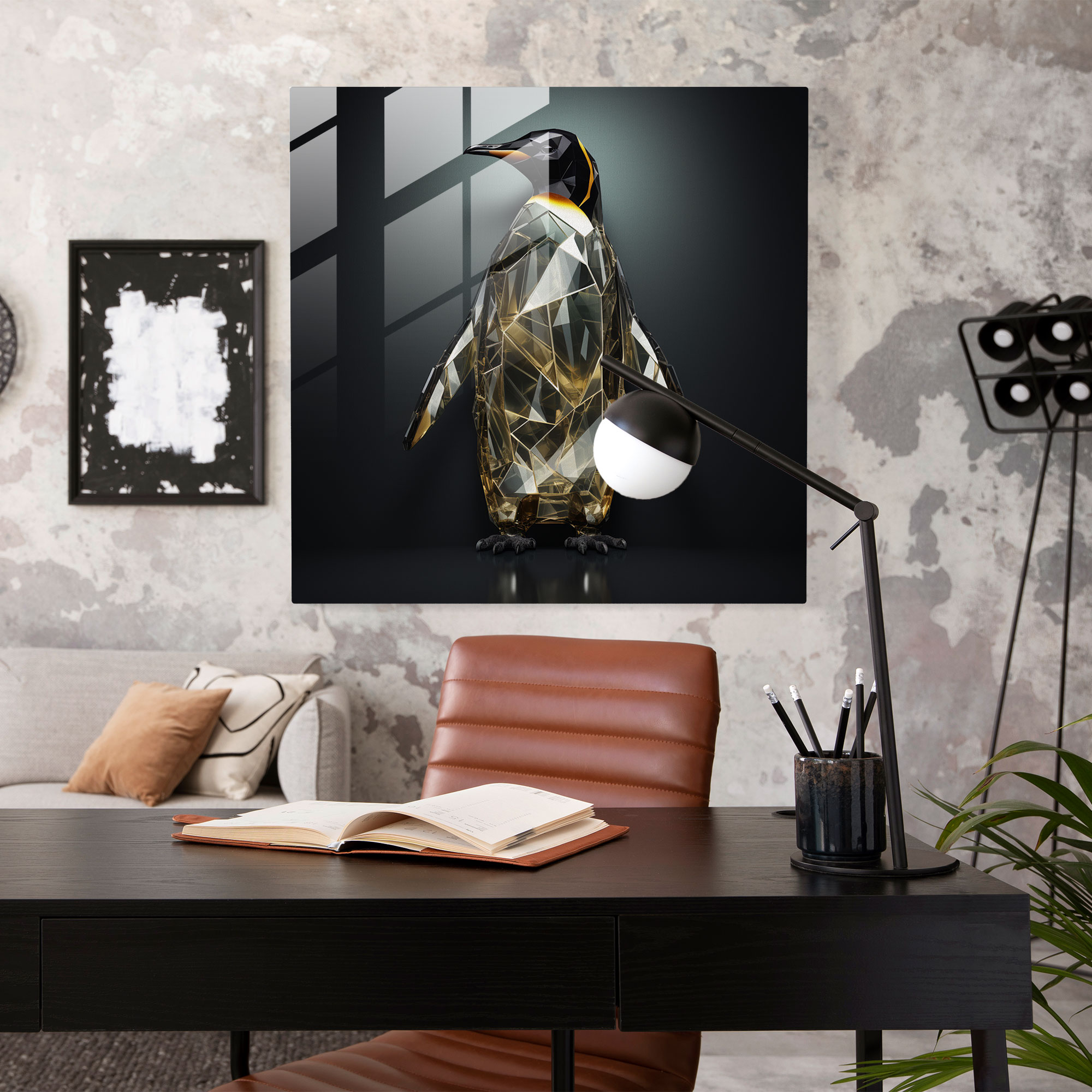 Geometric Glass Print - Penguin Composition - Penguin, Home Decoration, Geometric, Wall Decoration