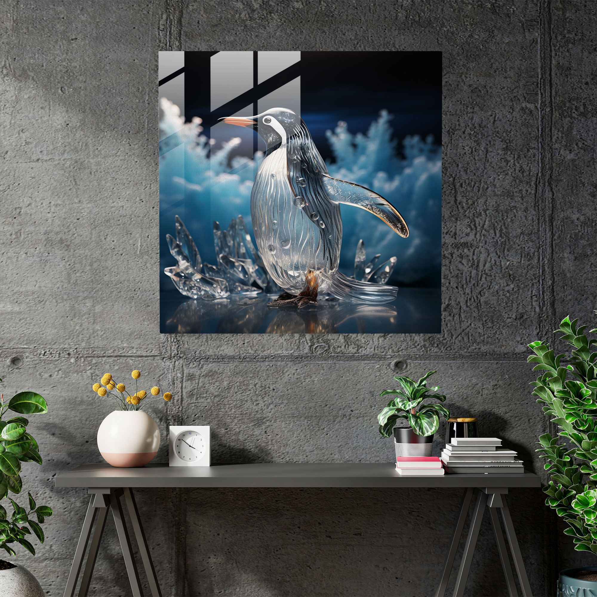 Nature-Inspired Glass Print - Snowy Penguin - Penguin, Serene, Nature-Inspired, Glass Print