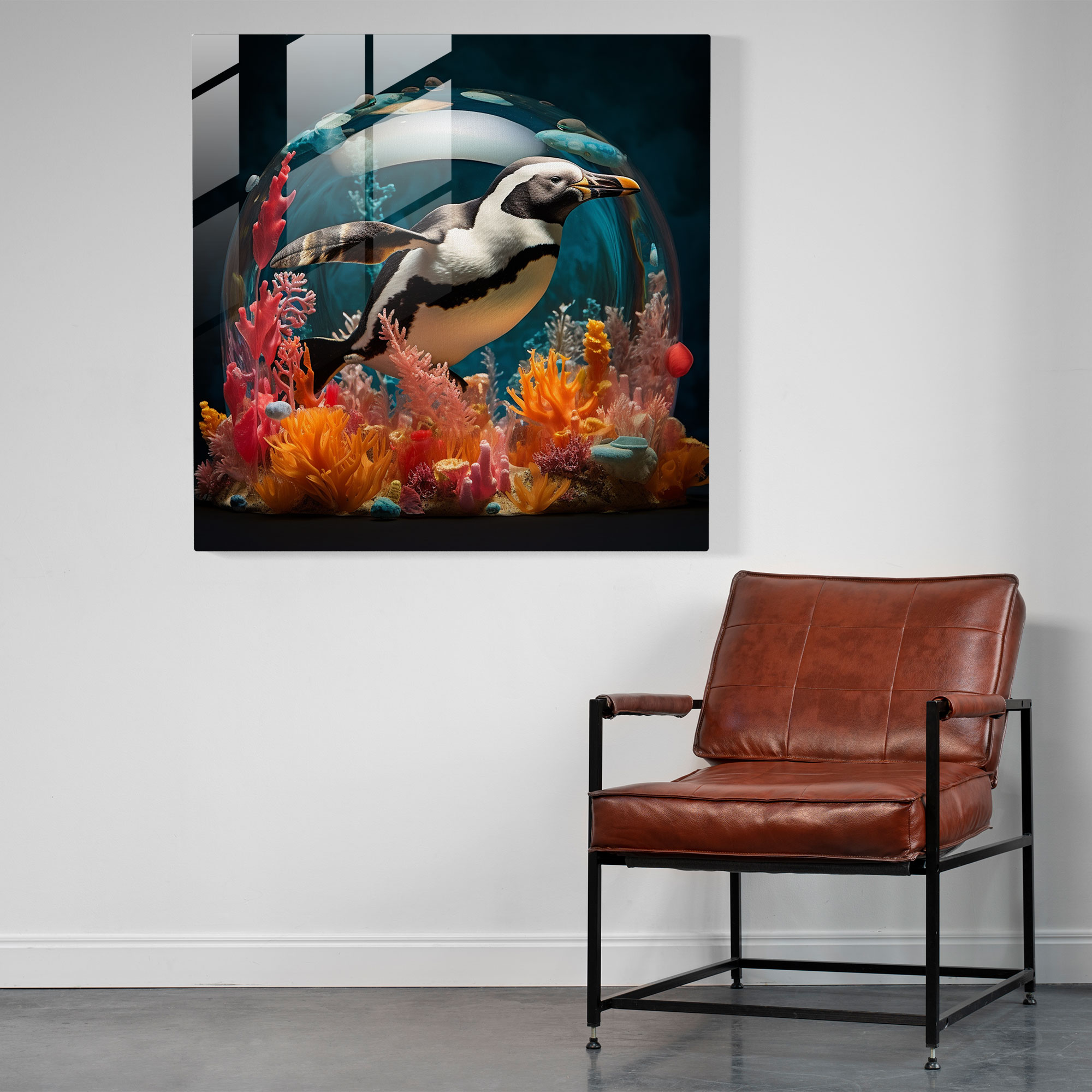 Surreal Glass Print - Underwater Penguin - Penguin, Dreamlike, Underwater, Fantastical