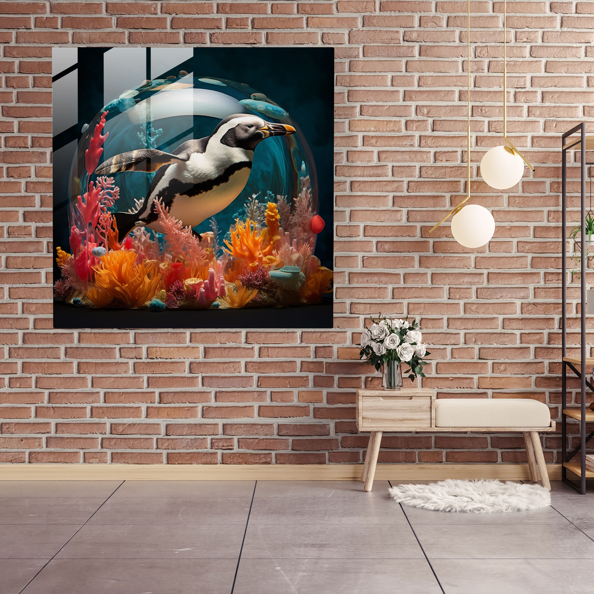 Surreal Glass Print - Underwater Penguin - Penguin, Dreamlike, Underwater, Fantastical
