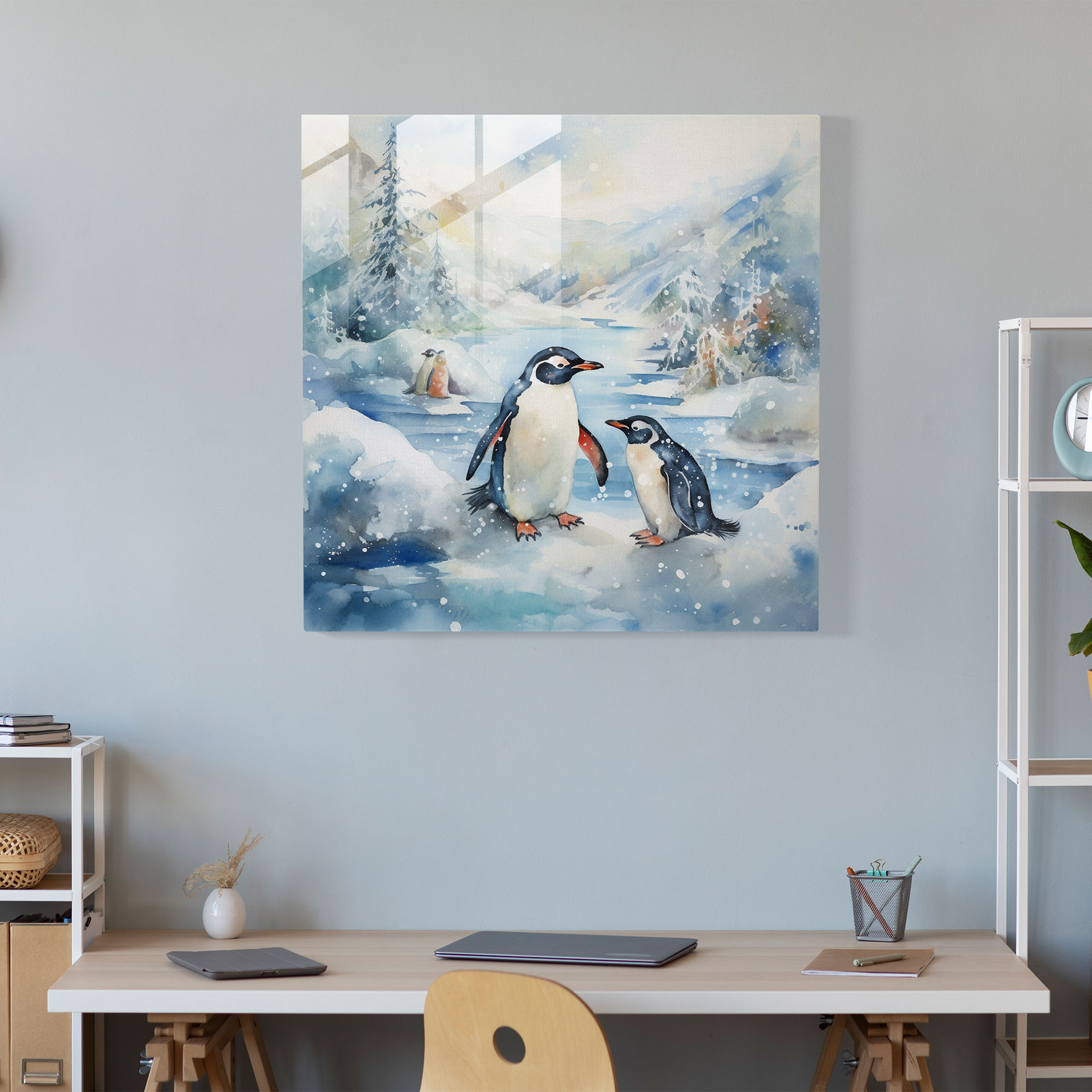 Whimsical Watercolor Penguin Glass Print - Penguin, Watercolor Painting, Modern Art, Whimsical