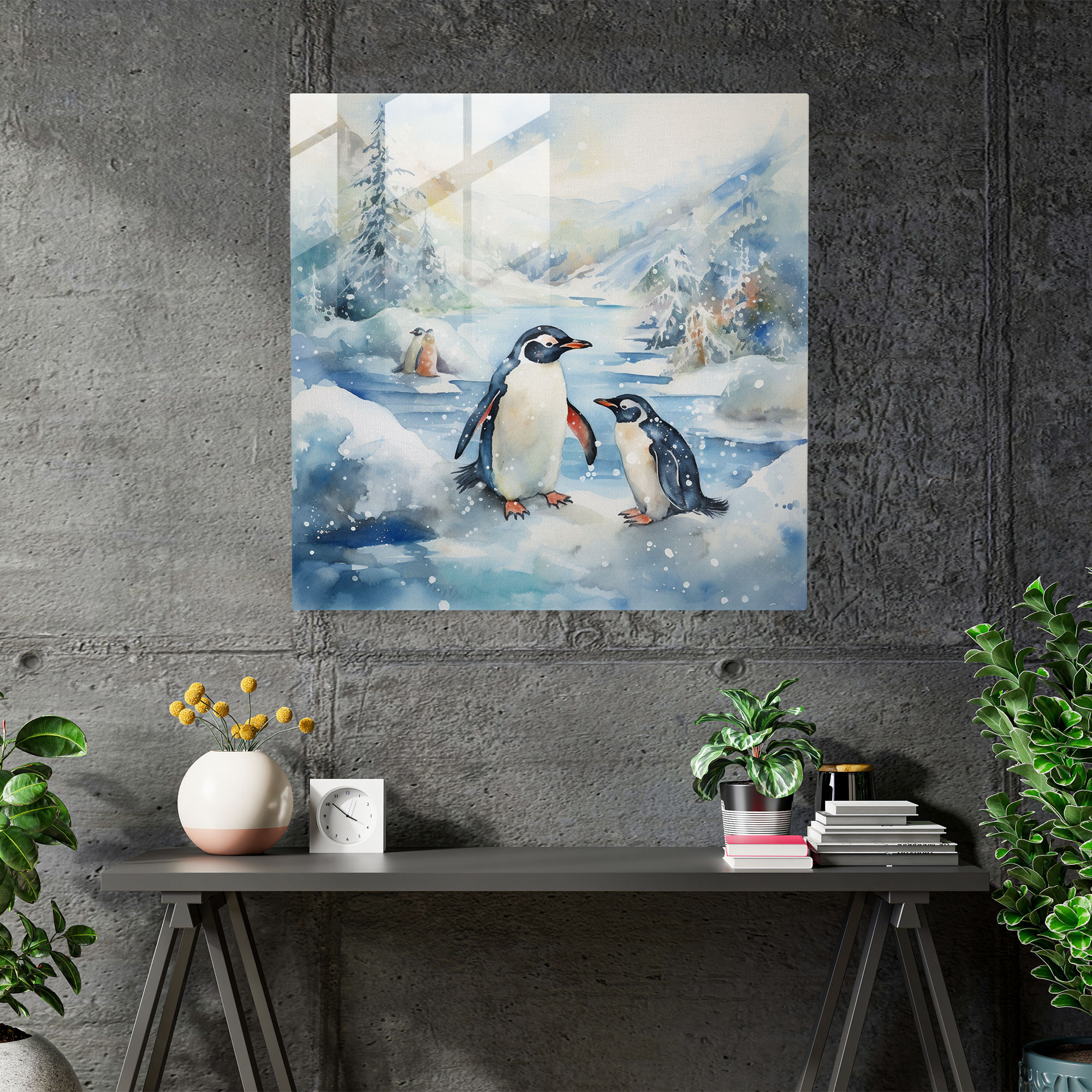 Whimsical Watercolor Penguin Glass Print - Penguin, Watercolor Painting, Modern Art, Whimsical