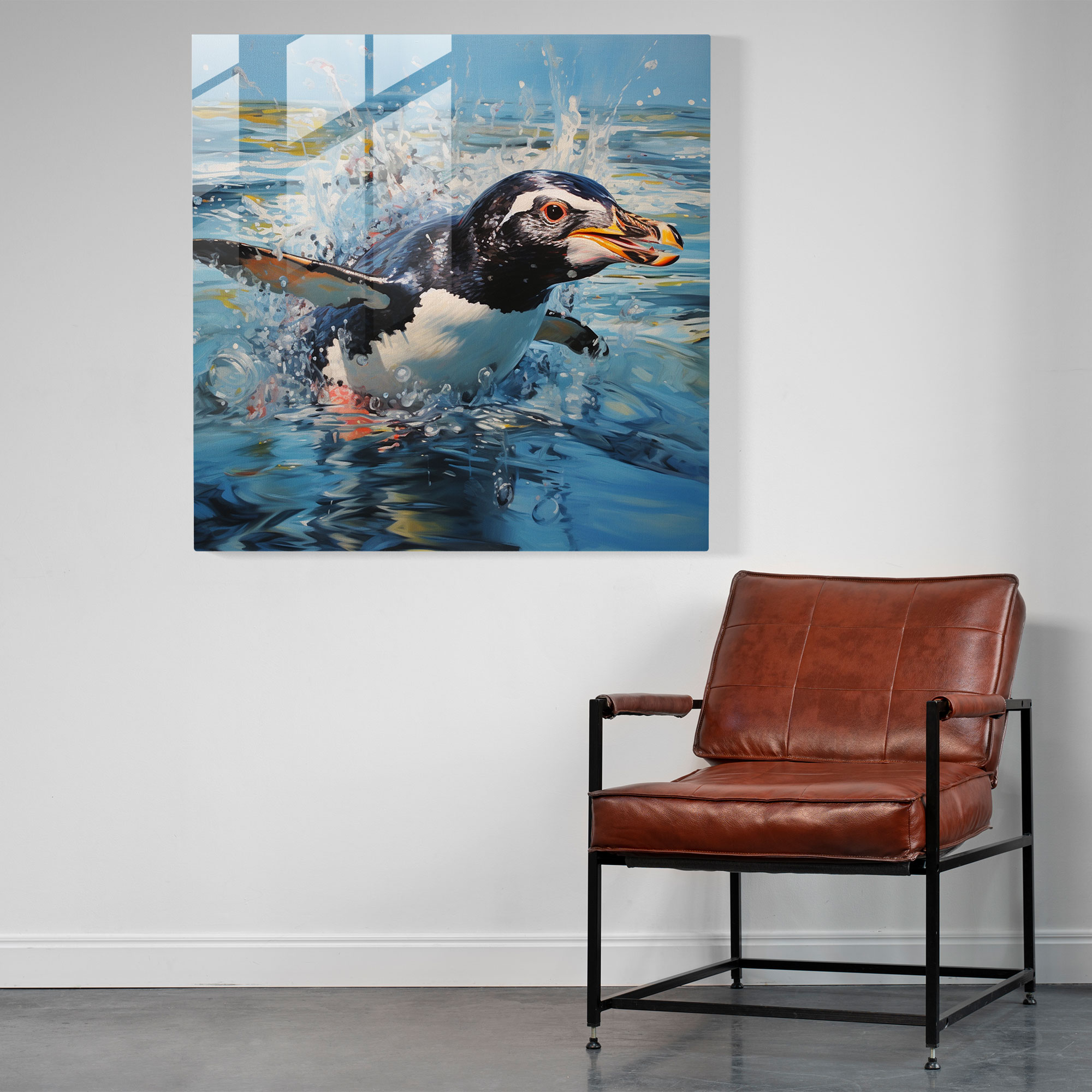 Contemporary Penguin Glass Art - Penguin, Crystal Clear Sea, Dynamic Composition, Glass Print
