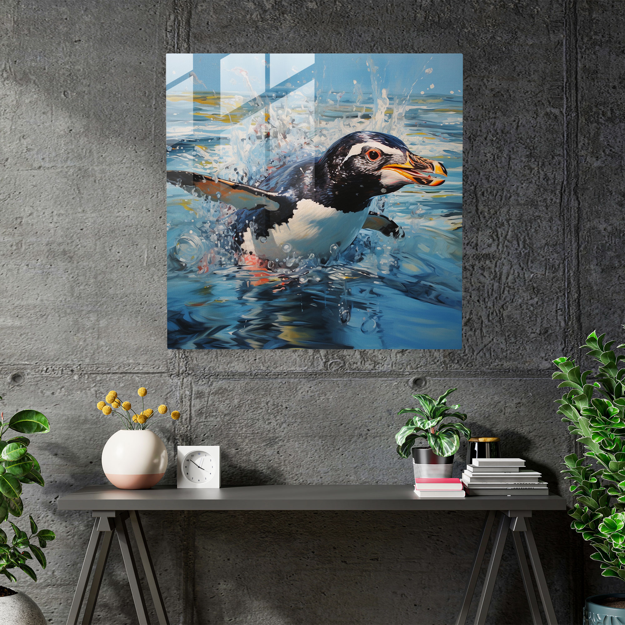 Contemporary Penguin Glass Art - Penguin, Crystal Clear Sea, Dynamic Composition, Glass Print