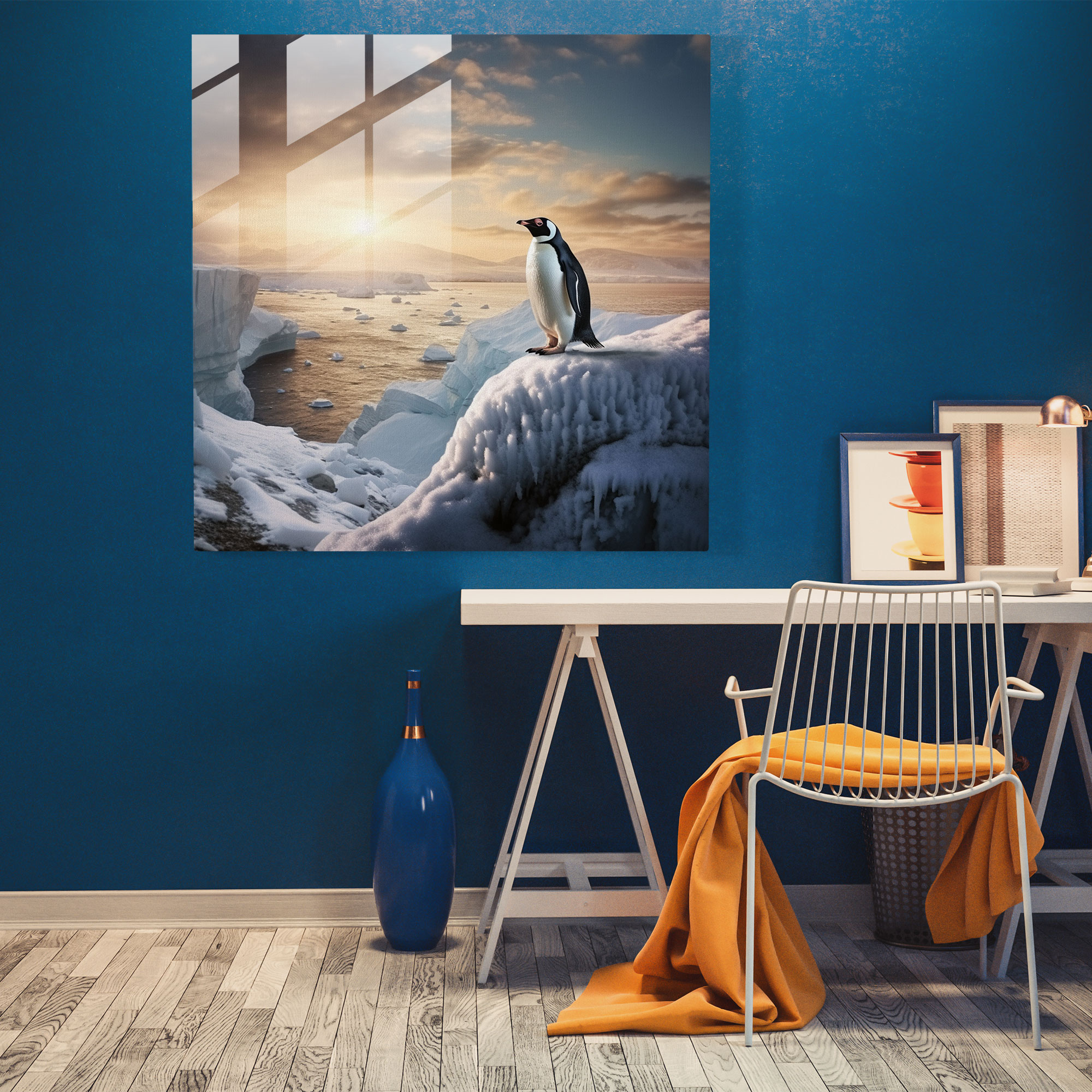 Serene Arctic Penguin Glass Wall Art - Penguin, Vintage Touch, Nostalgic Atmosphere, Photograph