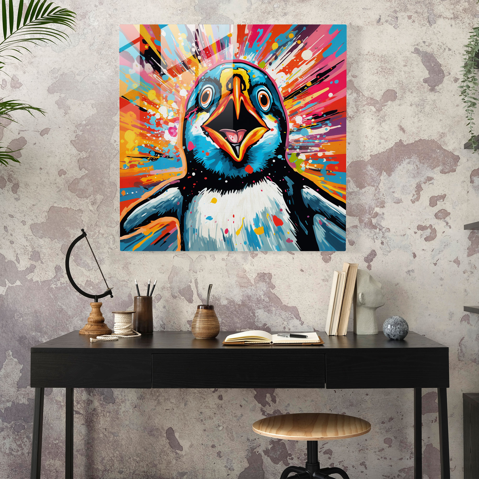Canlı Renkli Pop Art Penguen Cam Tablo - Penguen Görsel Elemanlar Pop Kültür Pop Art Başyapıtı