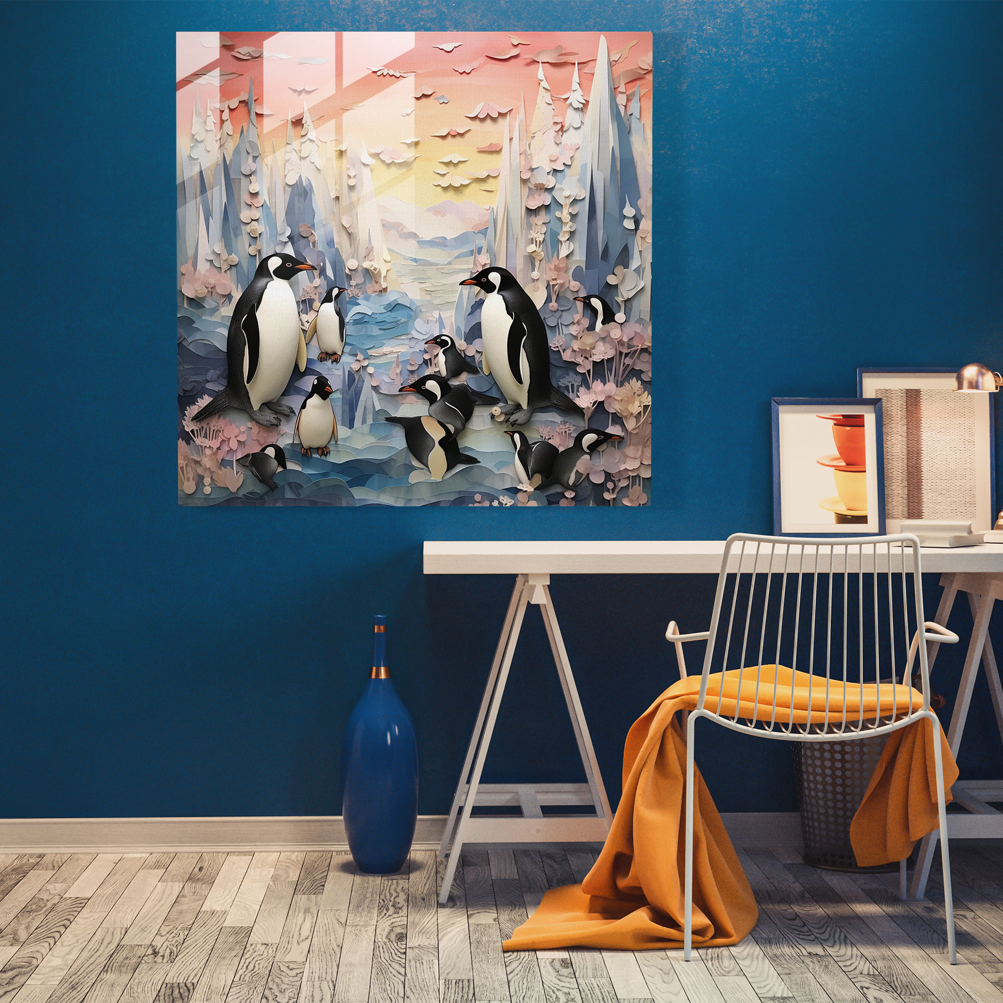 Dreamy Penguin Mixed Media Glass Wall Art - Penguin, Dreamy, Glass Print, Watercolor Elements