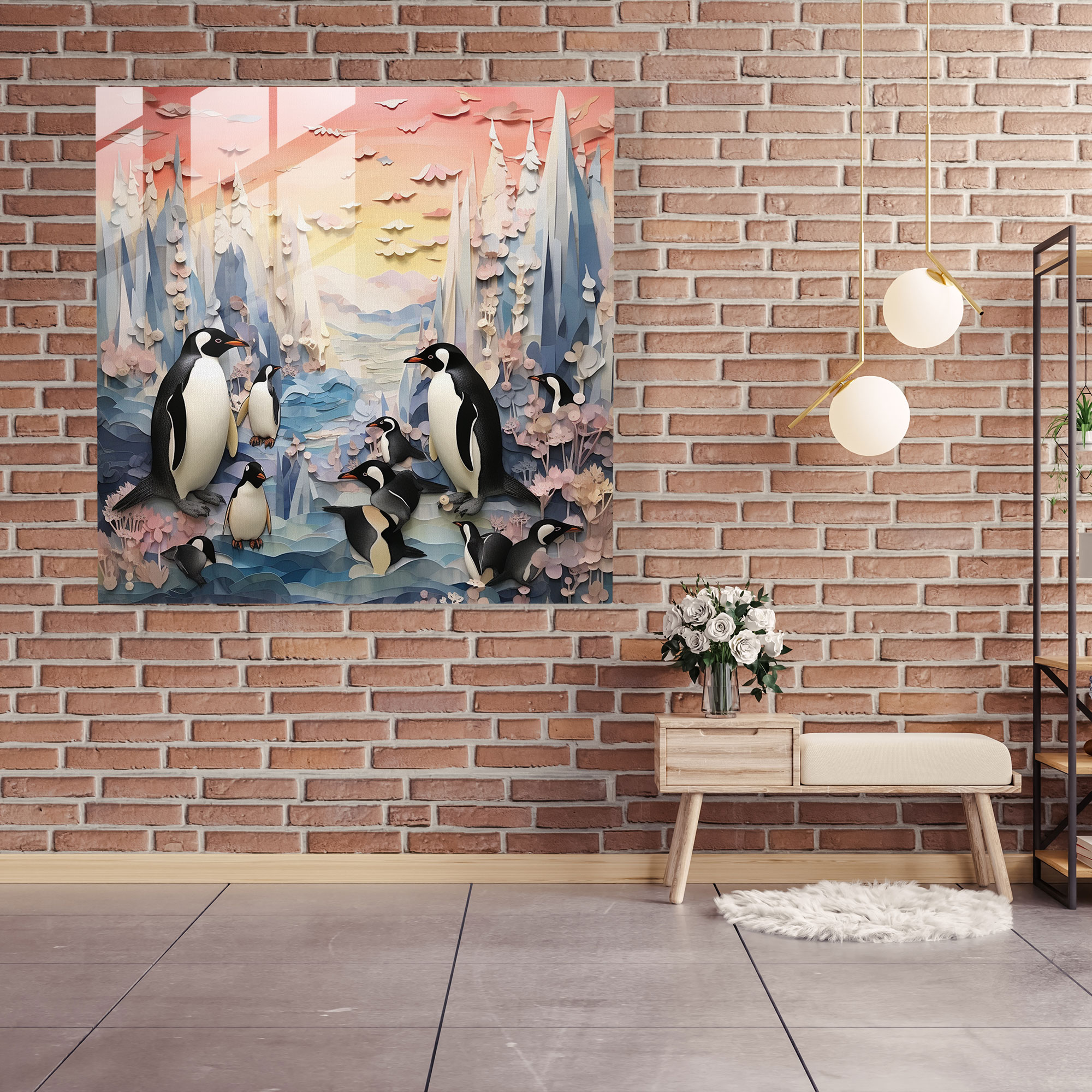 Dreamy Penguin Mixed Media Glass Wall Art - Penguin, Dreamy, Glass Print, Watercolor Elements