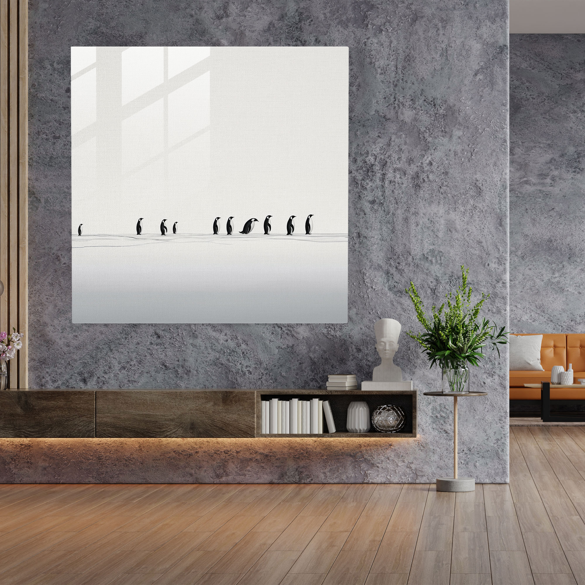 Penguin Glass Print - Penguin, Home Decoration, Black And White, Wall Decoration