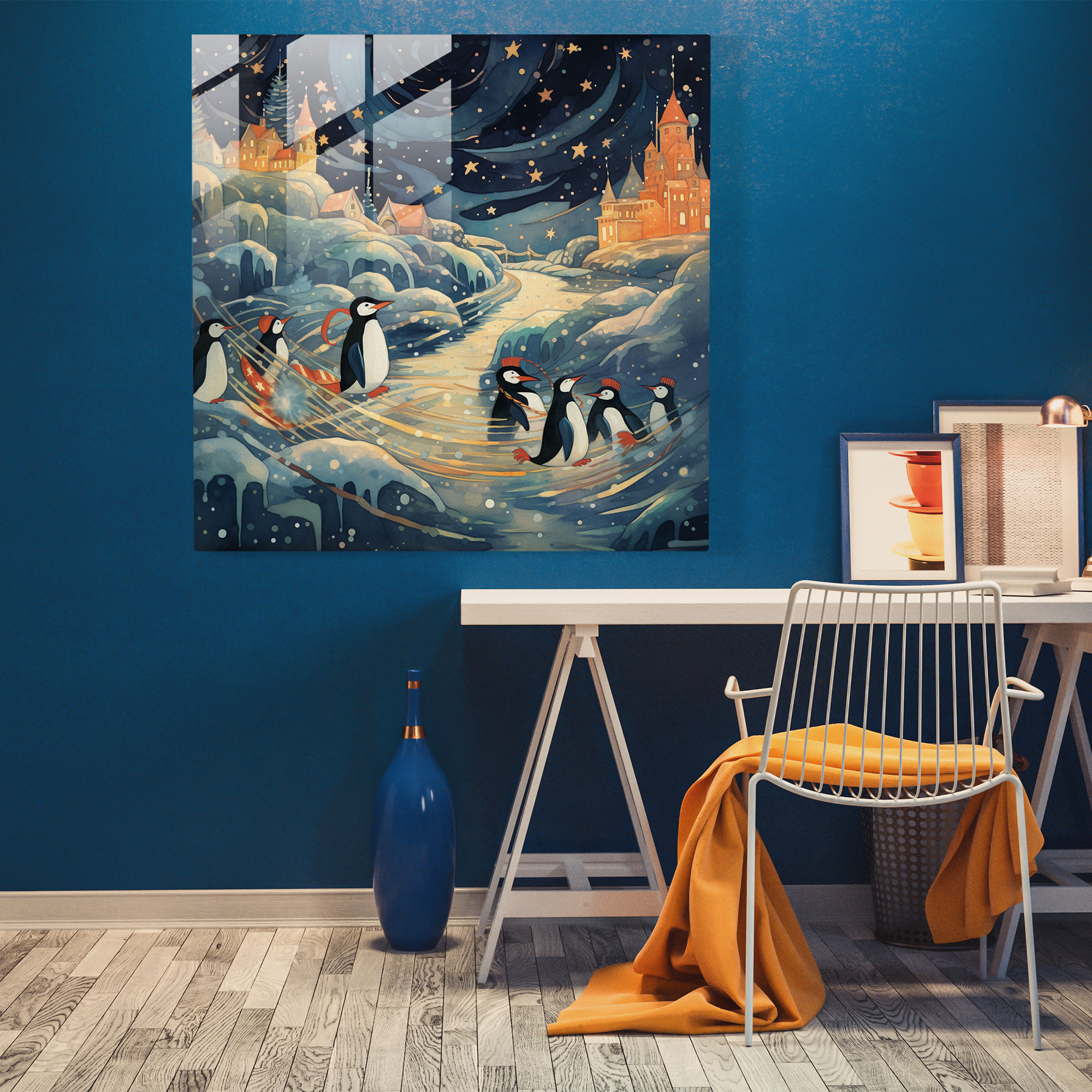 Nostalgic Penguins Glass Wall Art - Penguin, Nostalgic Penguins Glass Wall Art, Vintage-Inspired Illustration, Whimsy