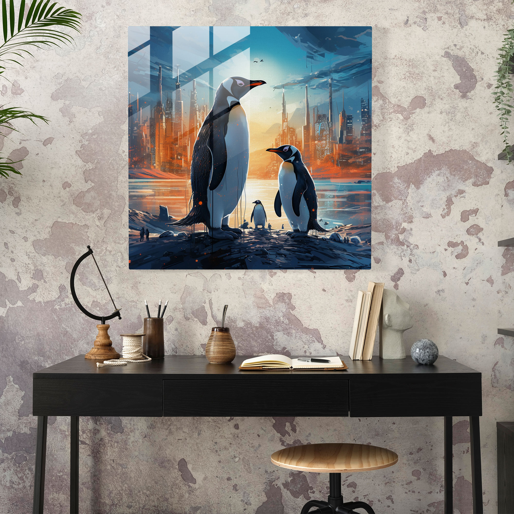 Digital Penguins Glass Wall Art - Penguin, Cityscape, Digital Penguins Glass Wall Art, Glass Print
