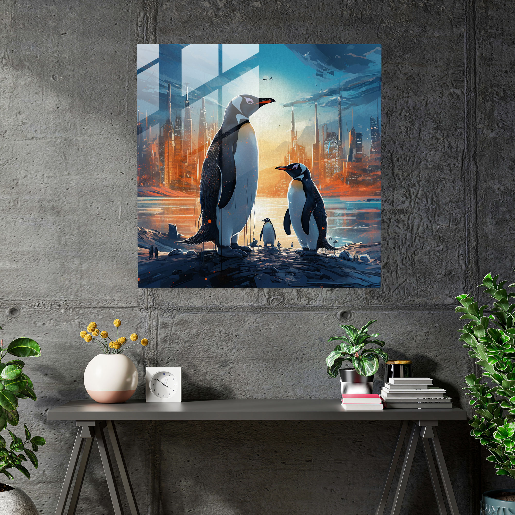 Digital Penguins Glass Wall Art - Penguin, Cityscape, Digital Penguins Glass Wall Art, Glass Print