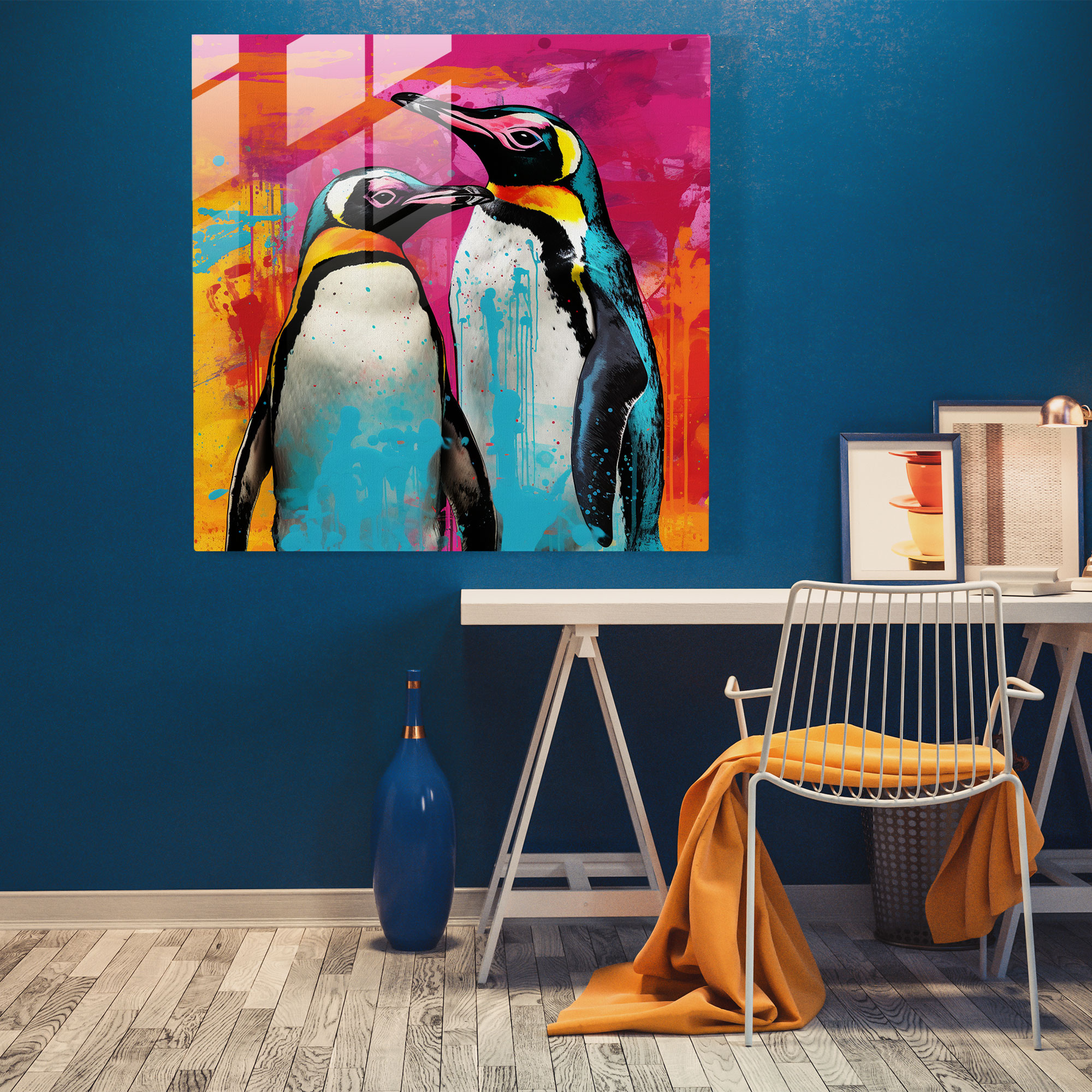 Eğlenceli Penguenler Cam Tablo - Penguen Canlı Renkler Cam Sanat Cam Duvar Sanatı