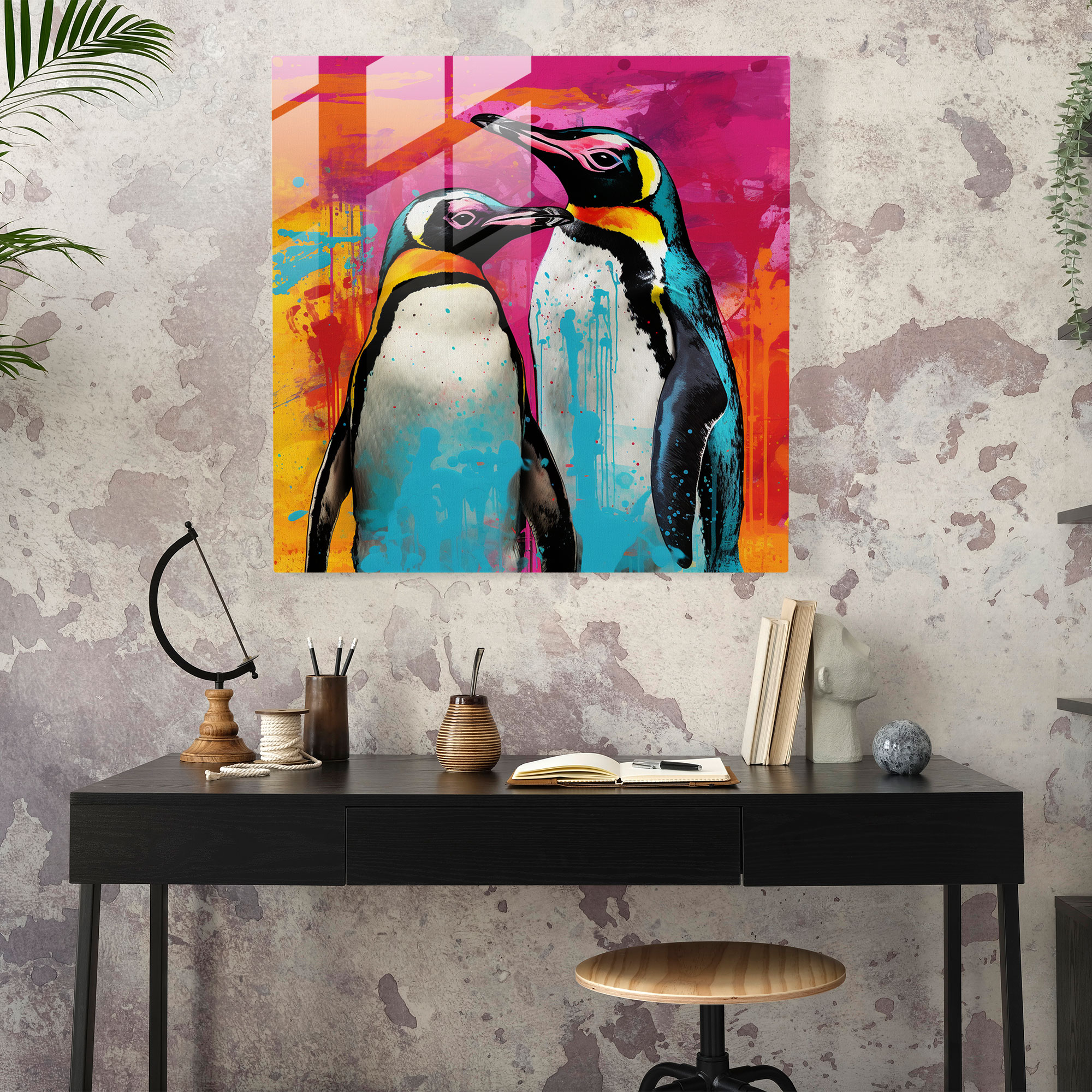Eğlenceli Penguenler Cam Tablo - Penguen Canlı Renkler Cam Sanat Cam Duvar Sanatı