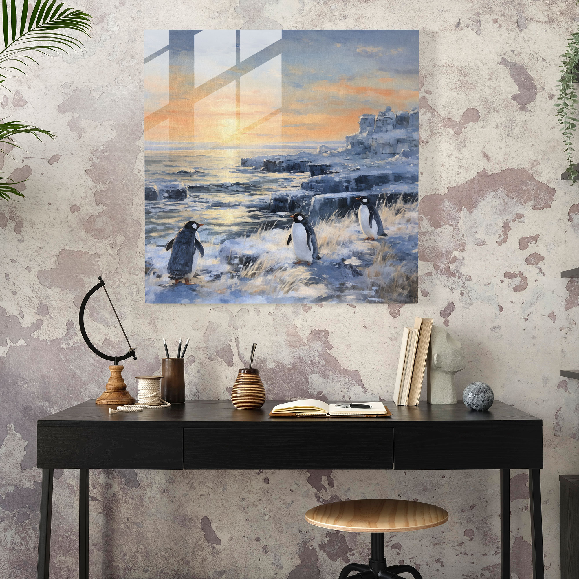 Sakin Kış Penguenleri Cam Tablo Sanatı - Penguen İzlenimci Resim Ev Dekorasyonu Modern Sanat