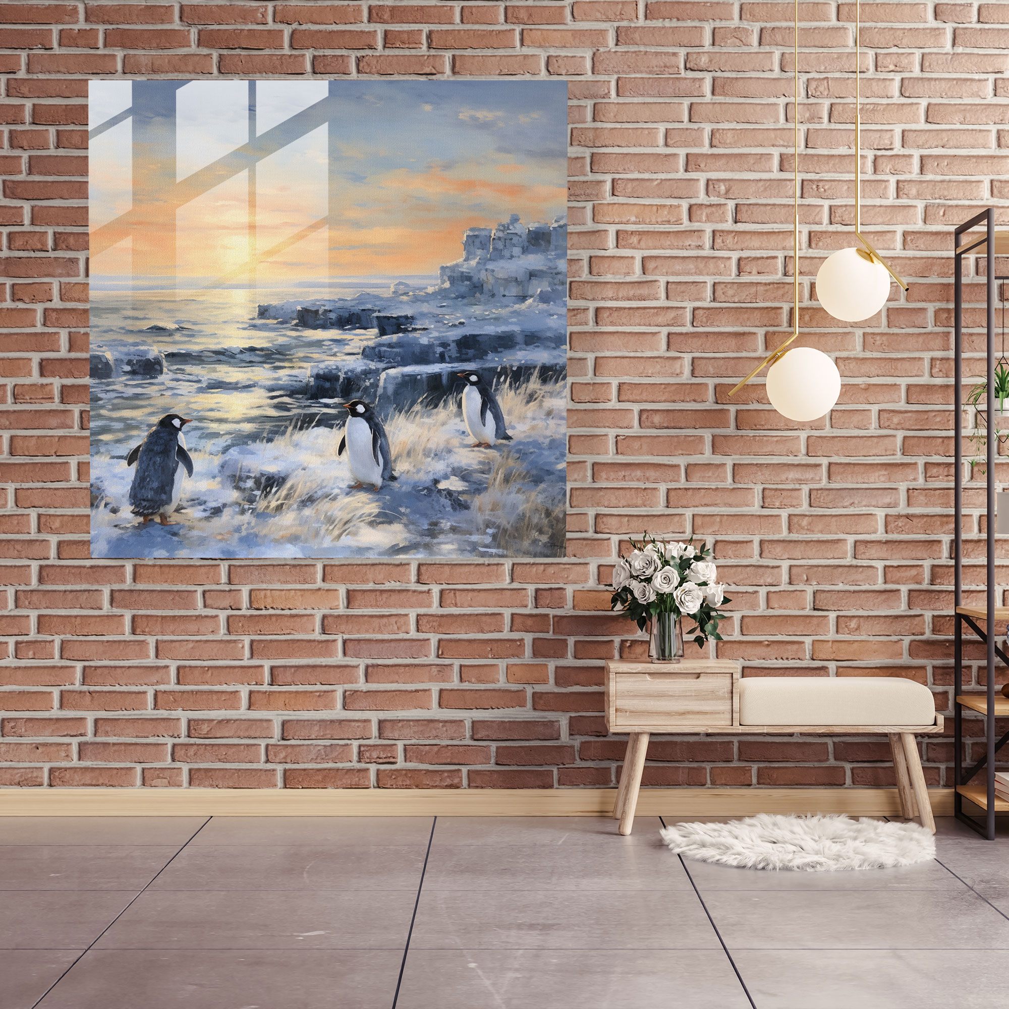 Sakin Kış Penguenleri Cam Tablo Sanatı - Penguen İzlenimci Resim Ev Dekorasyonu Modern Sanat