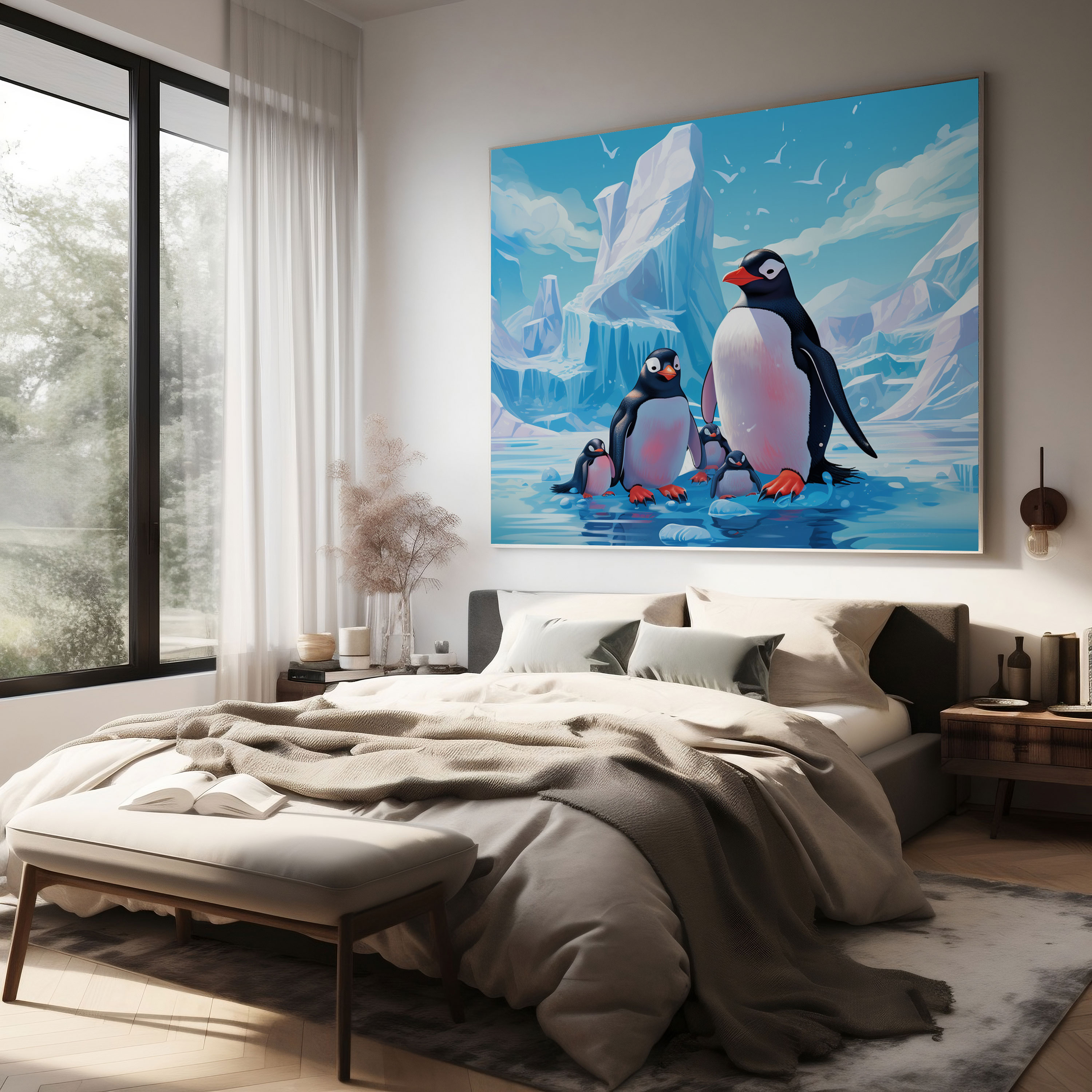 Penguin Canvas Print - Cartoon Penguin Family On Iceberg - Penguin, Penguin Canvas Print, Cartoon Penguin, Home Decoration