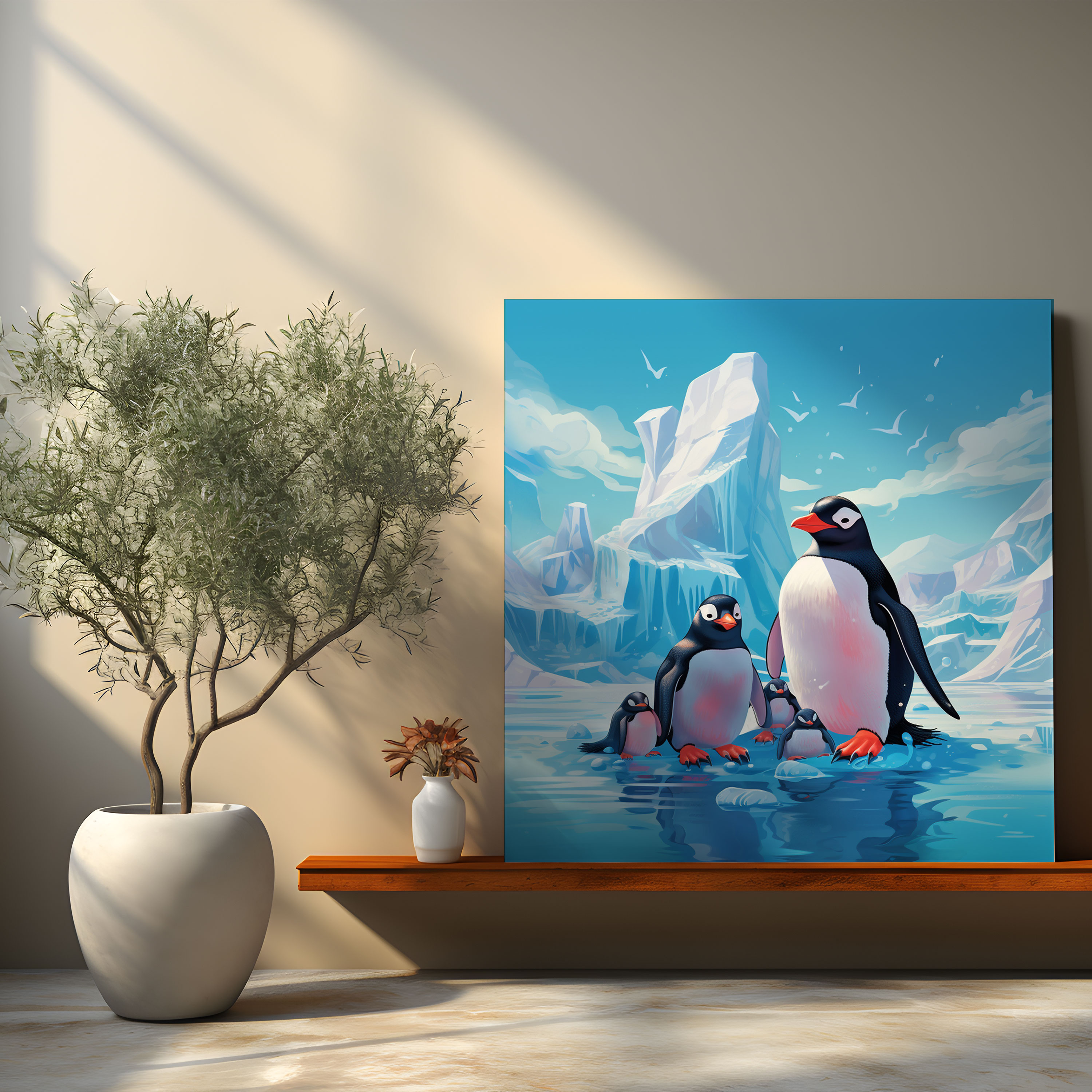 Penguin Canvas Print - Cartoon Penguin Family On Iceberg - Penguin, Penguin Canvas Print, Cartoon Penguin, Home Decoration