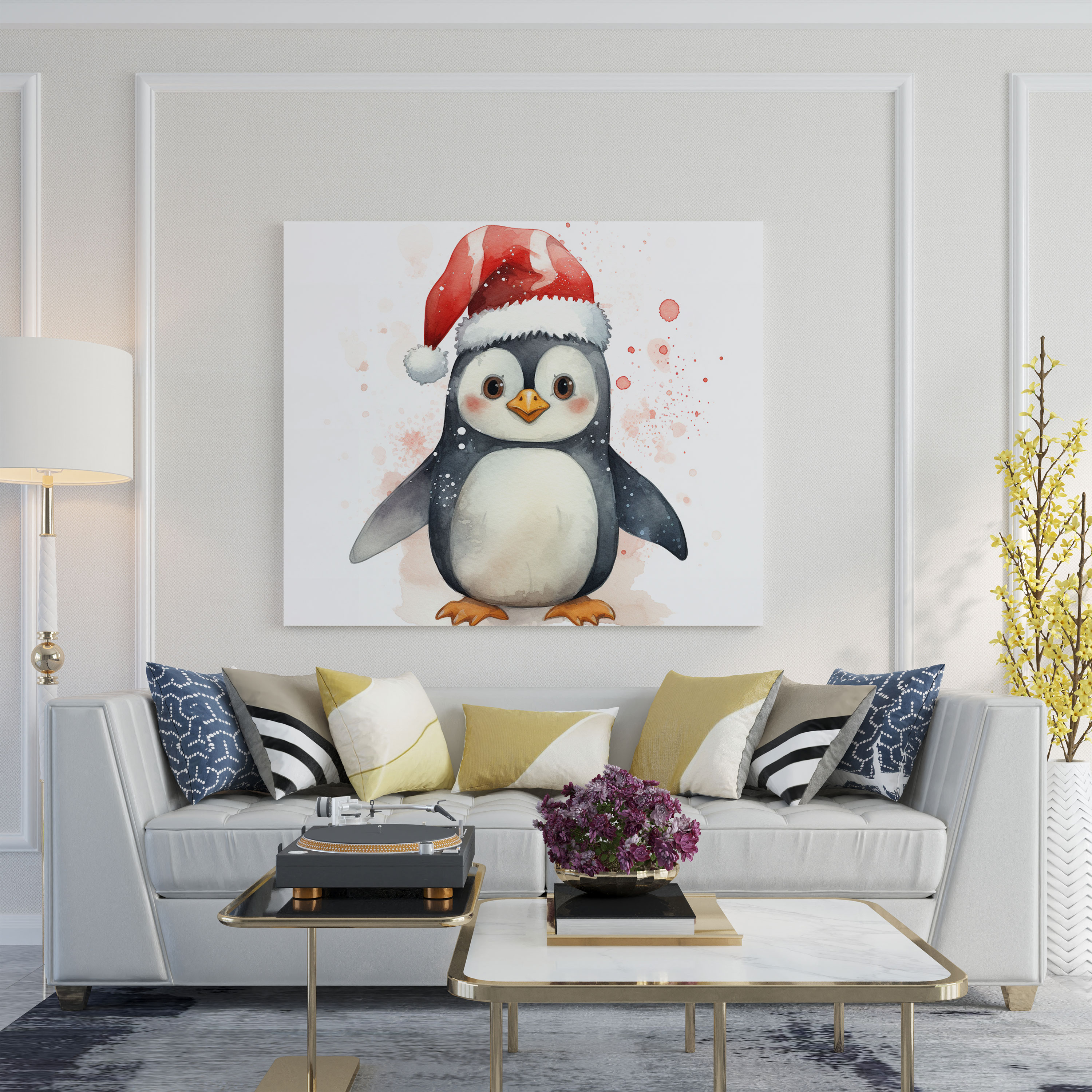Penguin Canvas Print - Cute Watercolor Penguin With Santa Hat - Penguin, Wall Art, Watercolor Penguin, Penguin Wall Art
