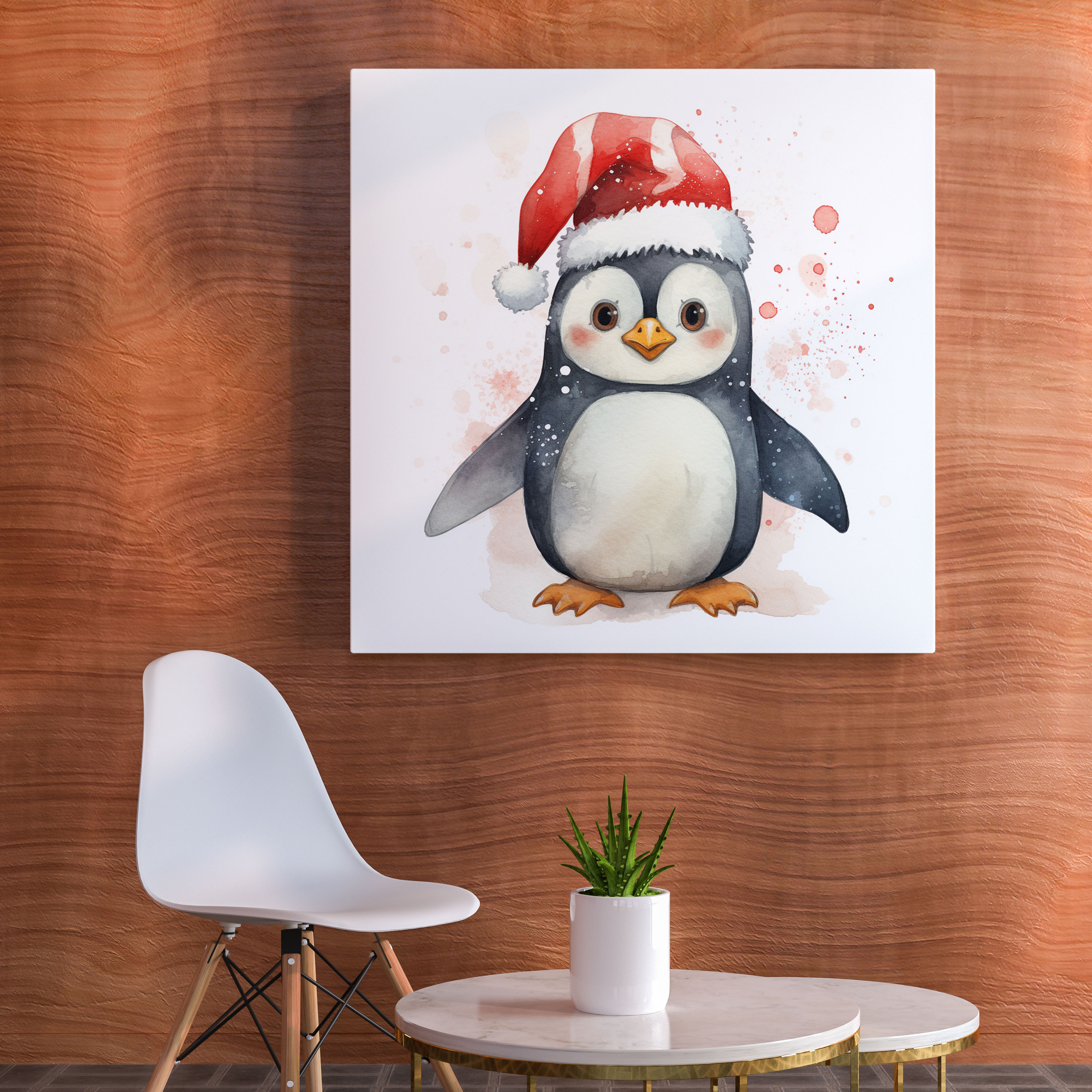 Penguin Canvas Print - Cute Watercolor Penguin With Santa Hat - Penguin, Wall Art, Watercolor Penguin, Penguin Wall Art