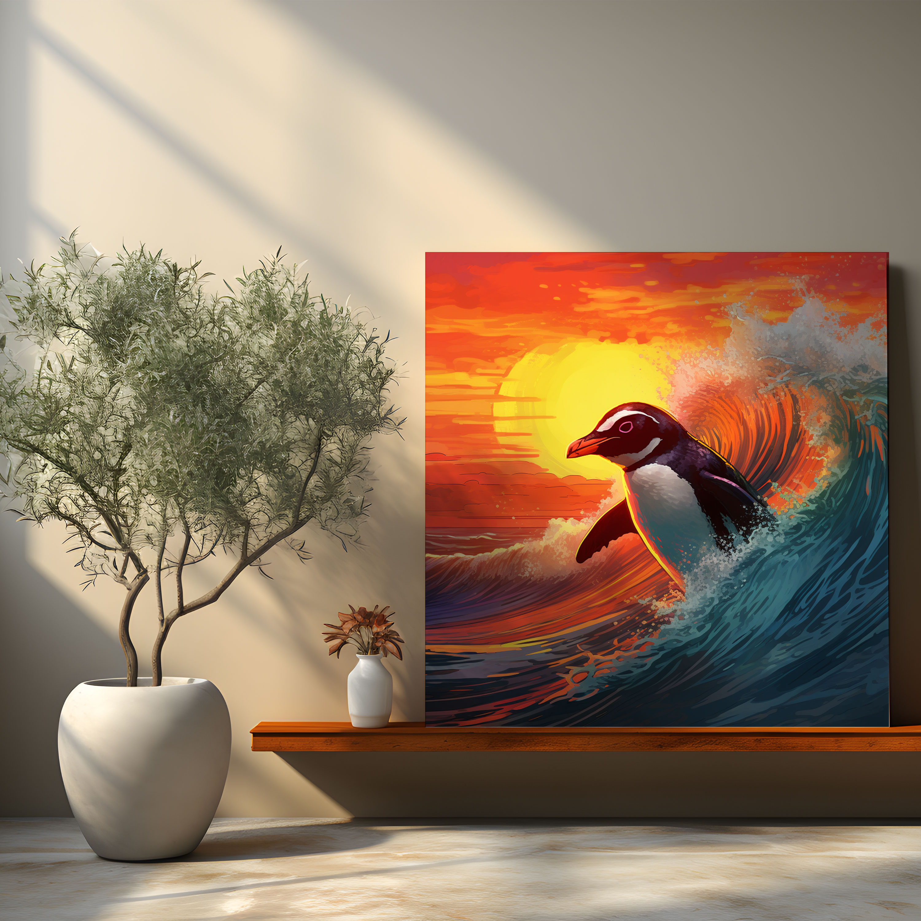 Penguin Canvas Print - Vibrant Digital Artwork Of Surfing Penguin - Penguin, Canvas Wall Art, Colorful Sunset, Penguin Wall Art