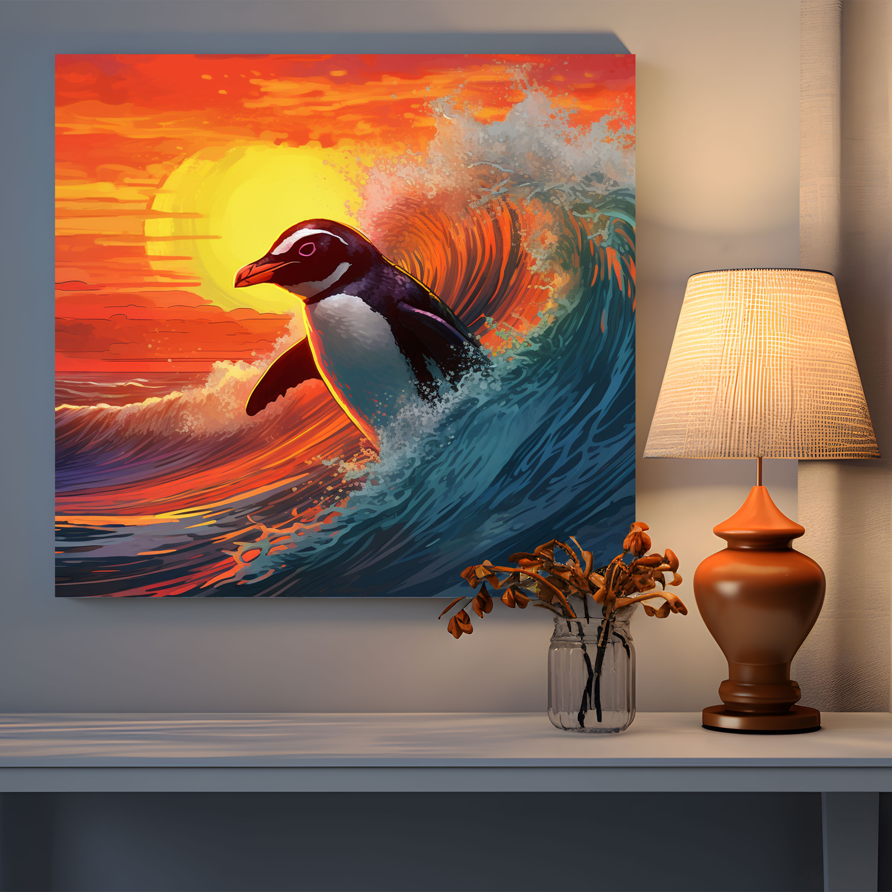 Penguin Canvas Print - Vibrant Digital Artwork Of Surfing Penguin - Penguin, Canvas Wall Art, Colorful Sunset, Penguin Wall Art